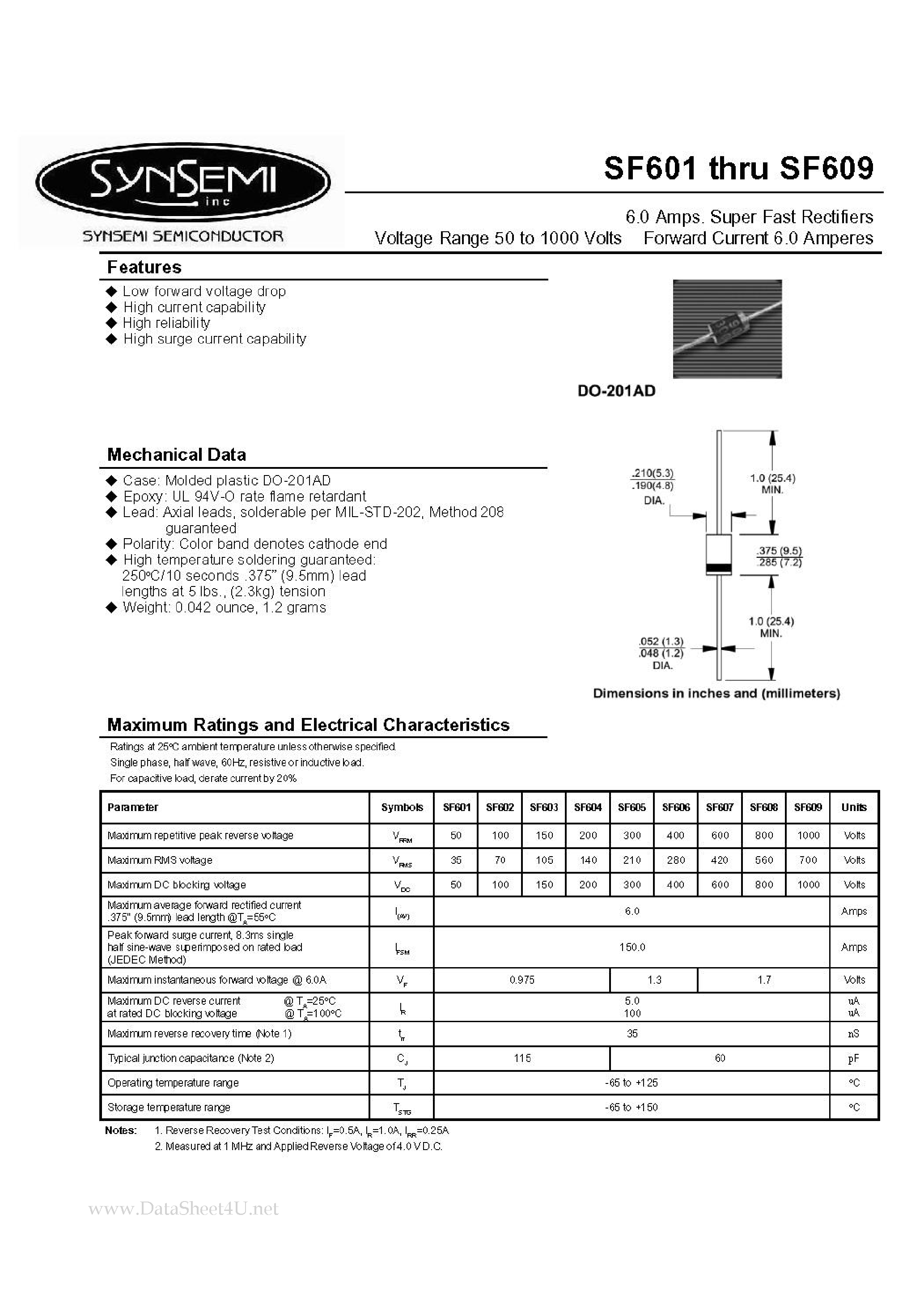 Datasheet SF601 page 1 Datasheet SF601 - (SF601 - SF609) Rectifier Diode page 1