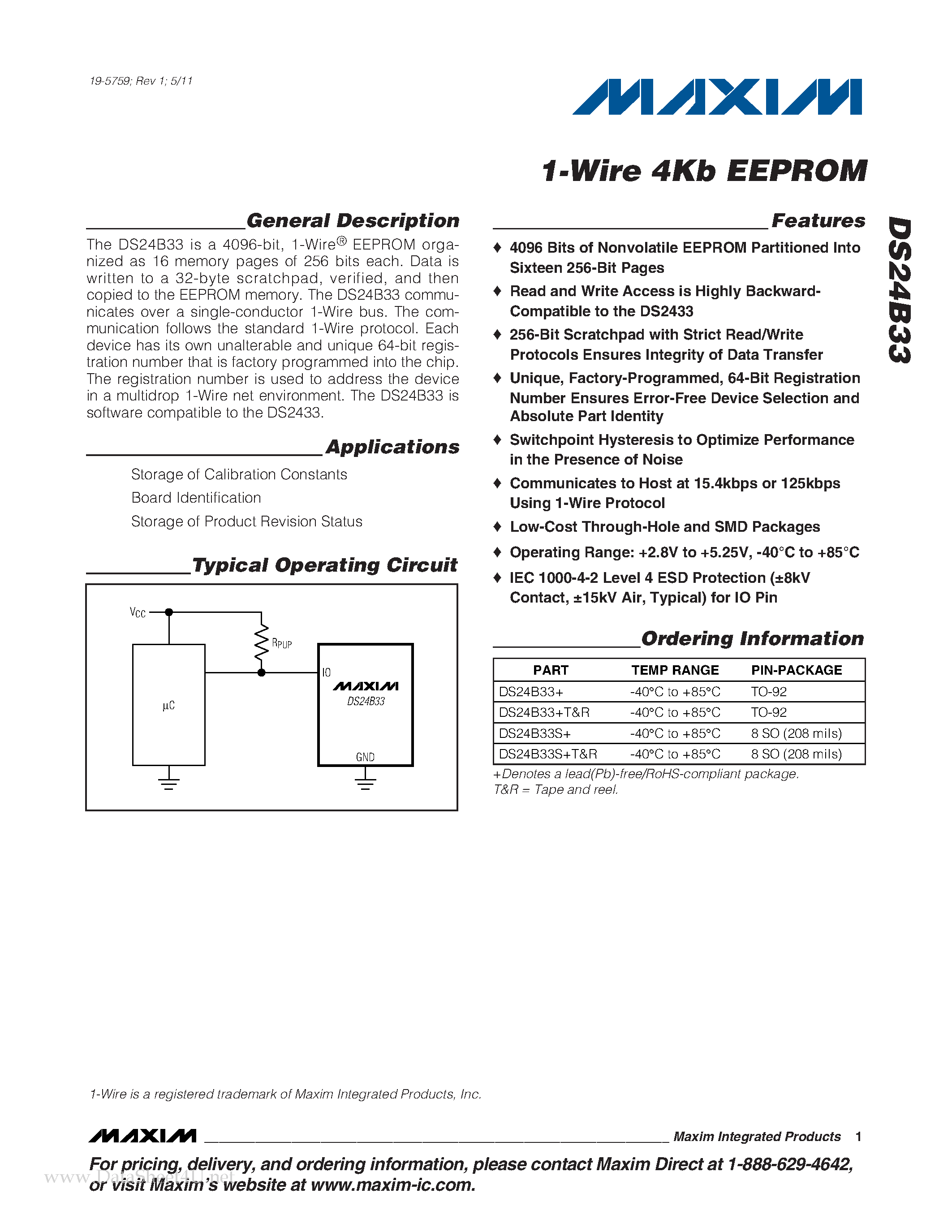 Даташит DS24B33 - 4Kb 1-Wire EEPROM страница 1