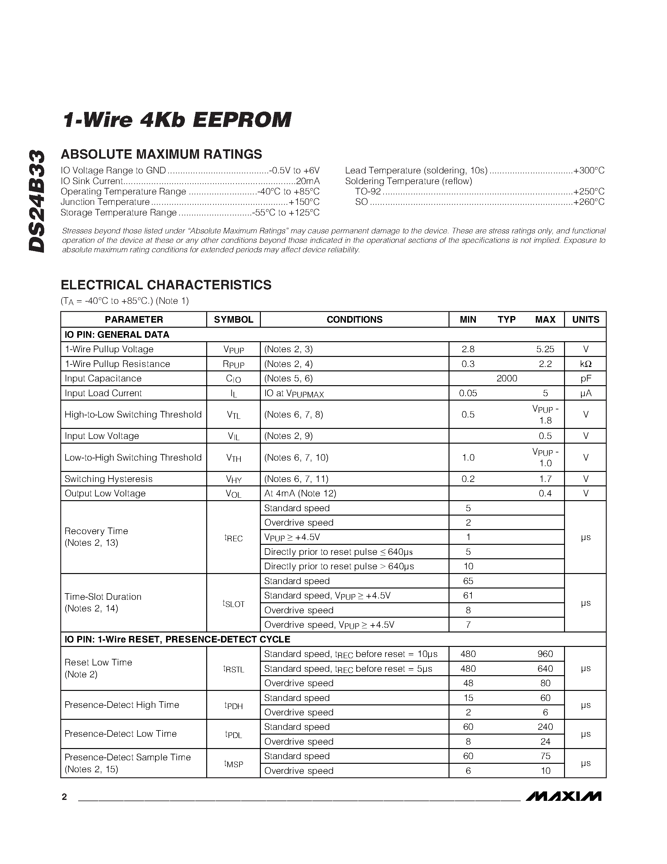 Даташит DS24B33 - 4Kb 1-Wire EEPROM страница 2