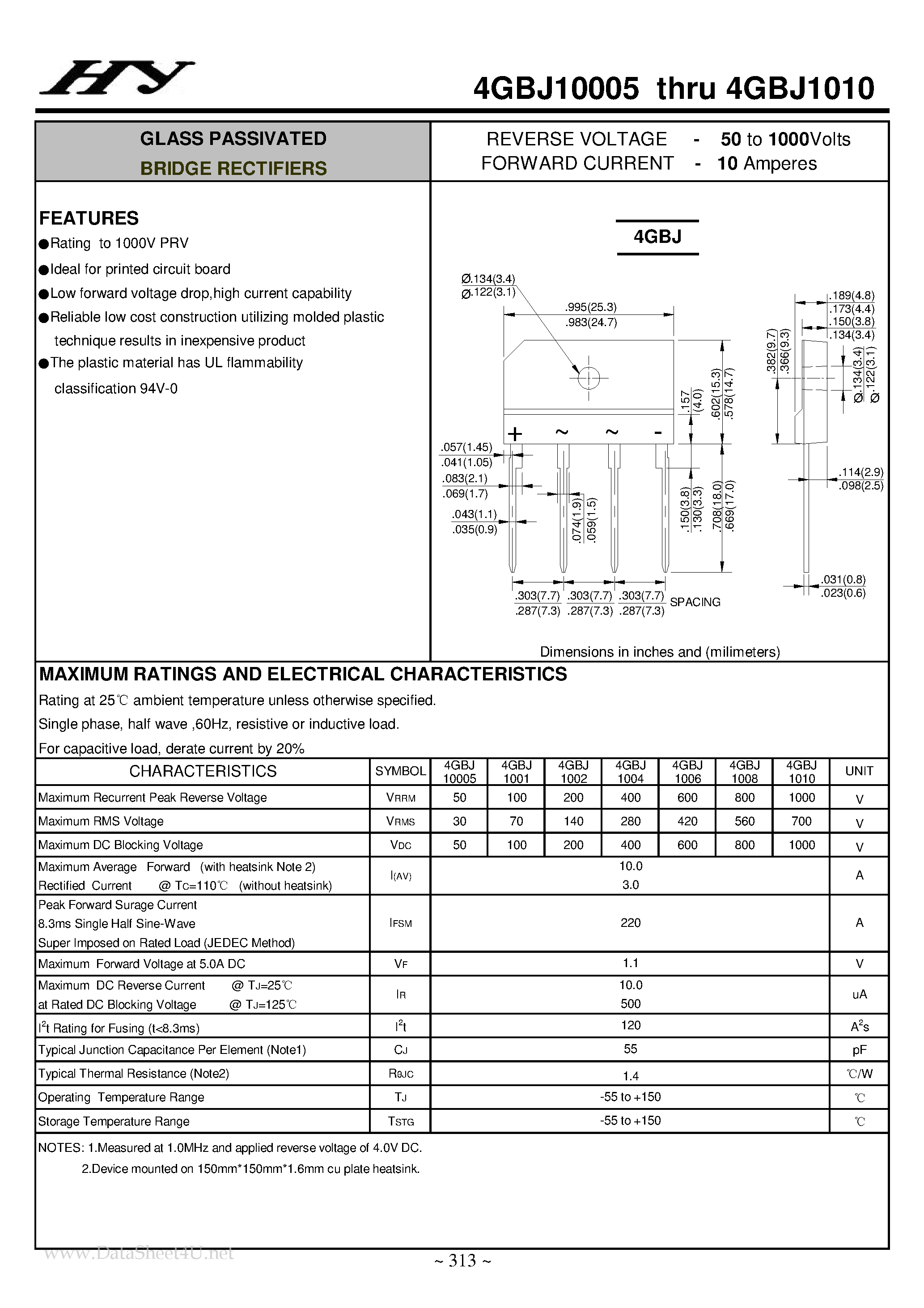 Datasheet 4GBJ10005 page 1 Datasheet 4GBJ10005 - (4GBJ10005 - 4GBJ1010) GLASS PASSIVATED BRIDGE RECTIFIERS page 1
