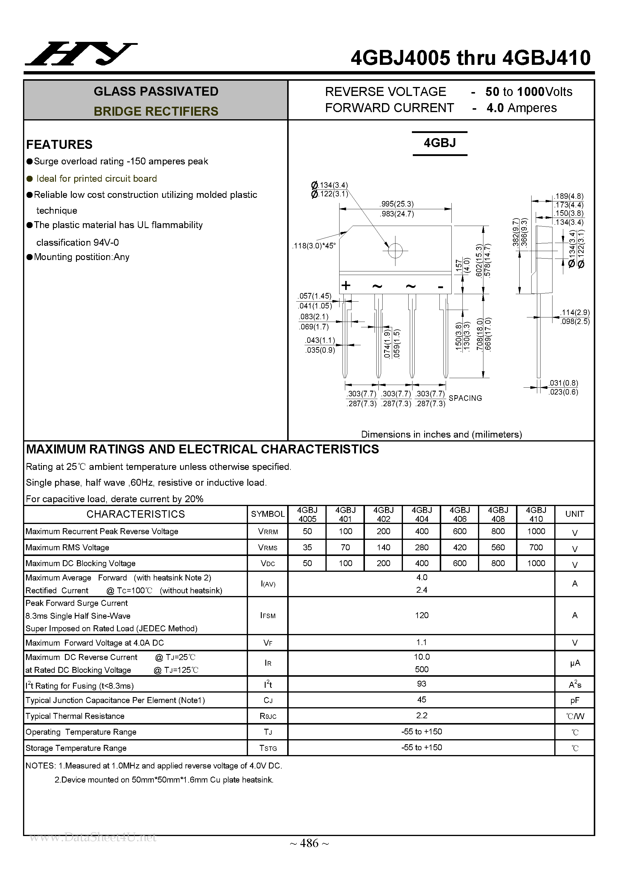 Datasheet 4GBJ4005 page 1 Datasheet 4GBJ4005 - (4GBJ4005 - 4GBJ410) GLASS PASSIVATED BRIDGE RECTIFIERS page 1