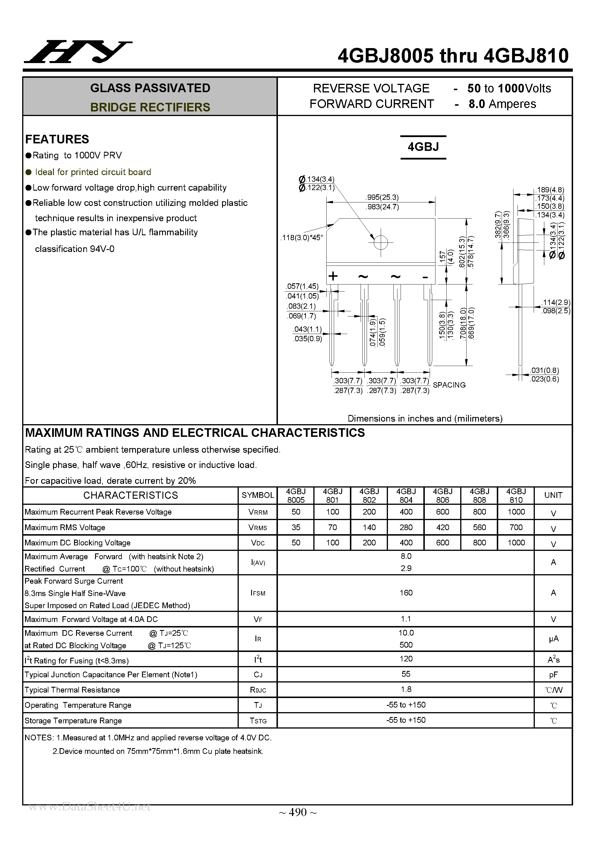 Datasheet 4GBJ8005 page 1 Datasheet 4GBJ8005 - (4GBJ8005 - 4GBJ810) GLASS PASSIVATED BRIDGE RECTIFIERS page 1