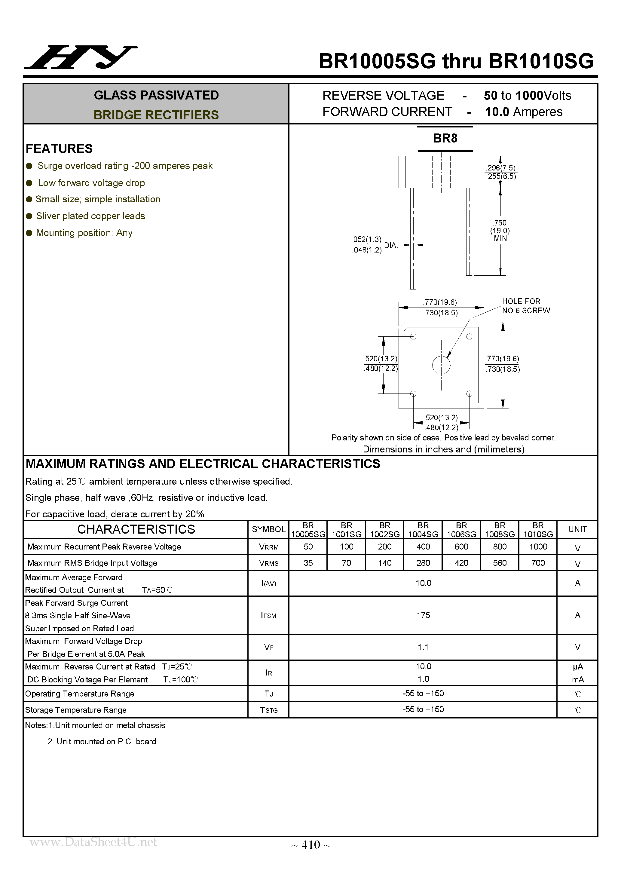 Datasheet BR10005SG - (BR10005SG - BR1010SG) GLASS PASSIVATED BRIDGE RECTIFIERS page 1