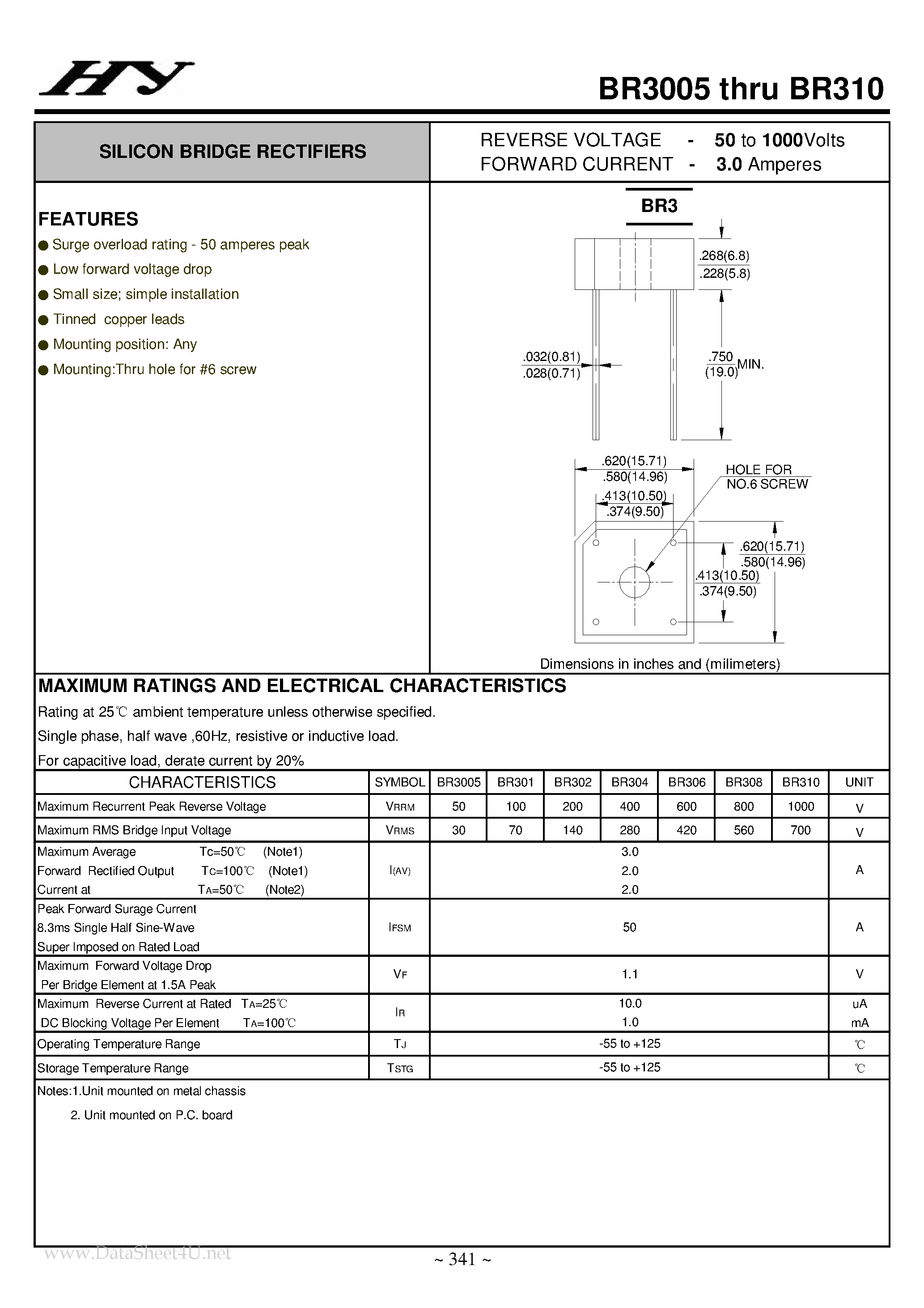 Datasheet BR3005 page 1 Datasheet BR3005 - (BR3005 - BR310) SILICON BRIDGE RECTIFIERS page 1