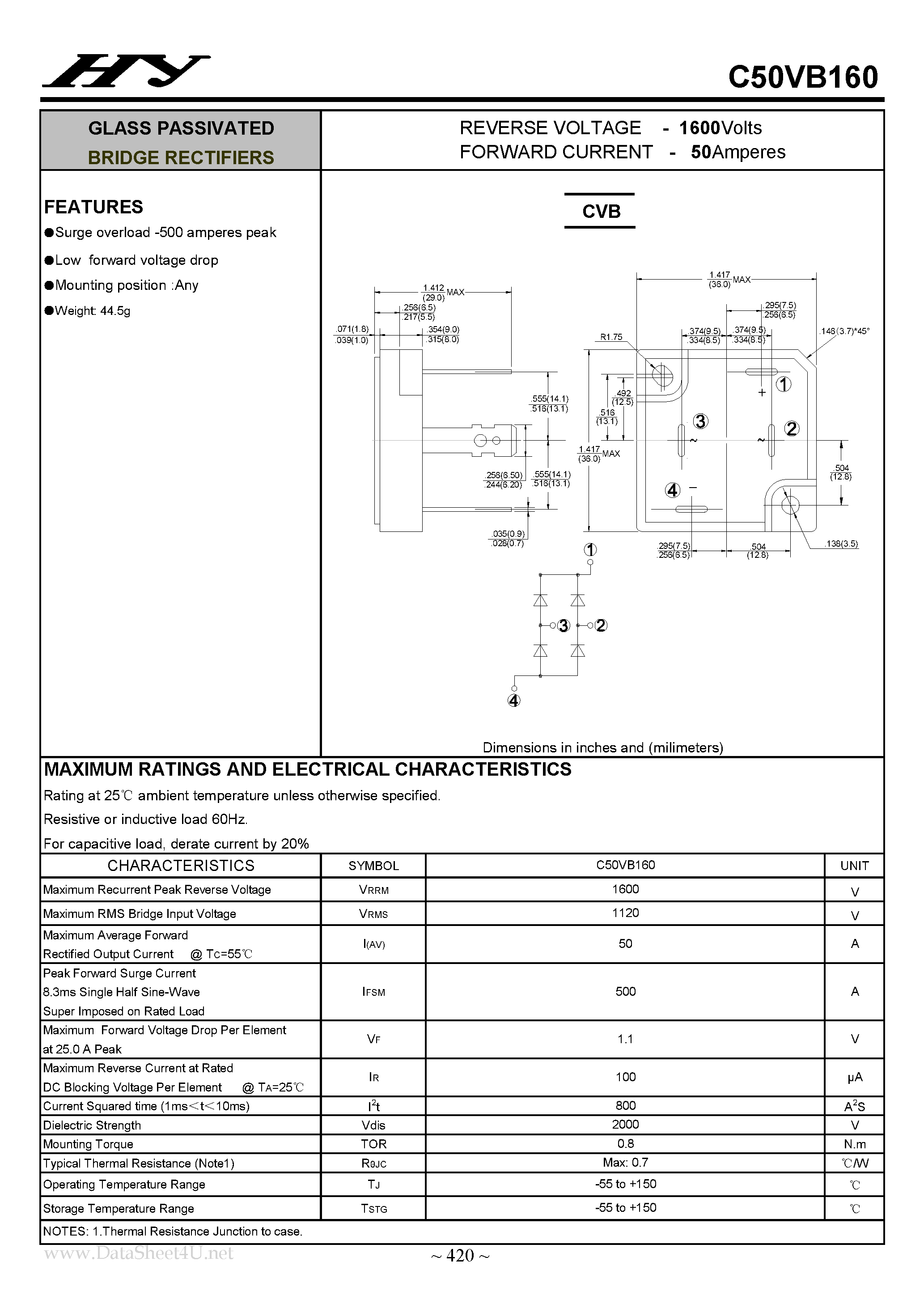 Datasheet C50VB160 page 1 Datasheet C50VB160 - GLASS PASSIVATED BRIDGE RECTIFIERS page 1