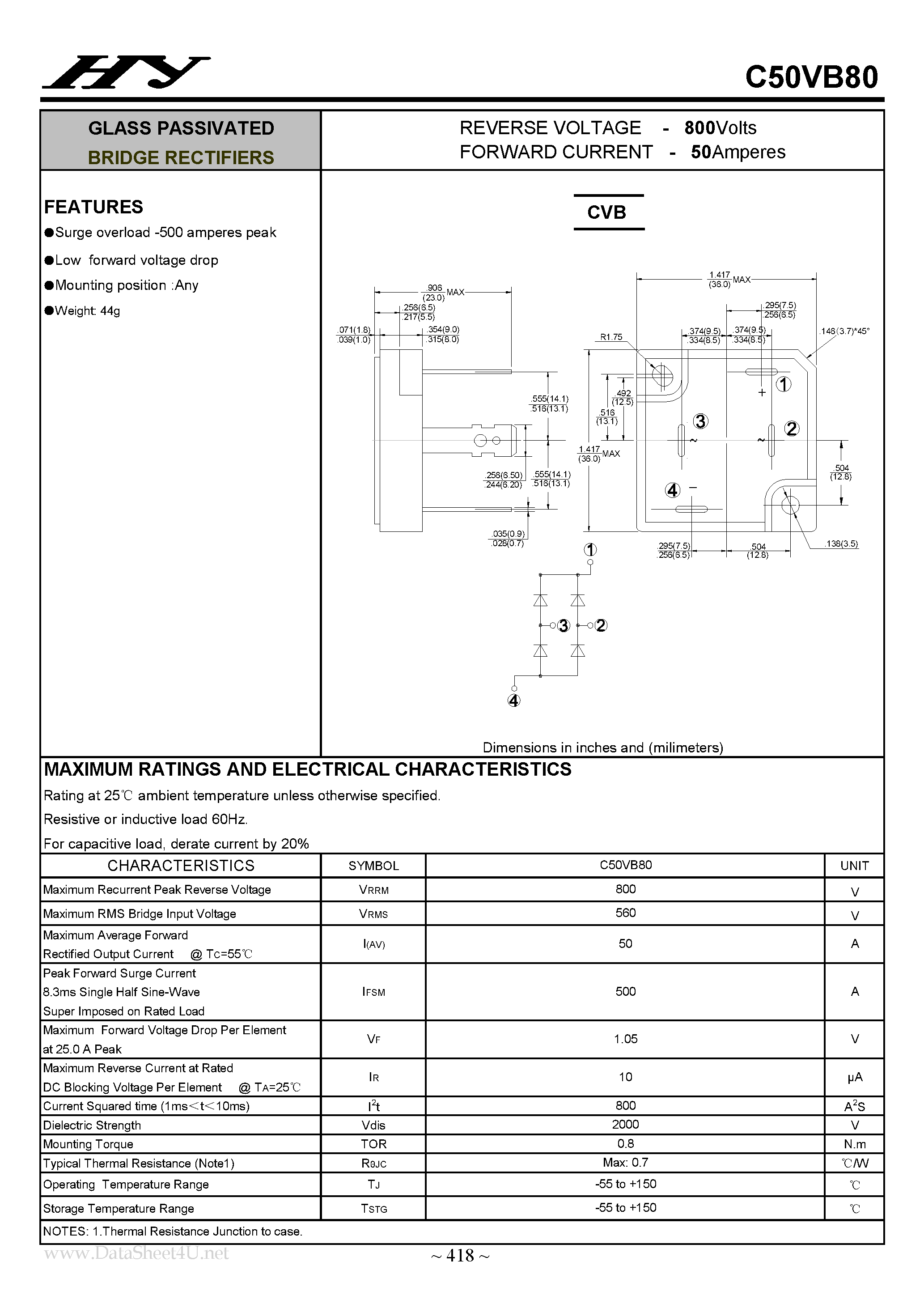 Datasheet C50VB80 page 1 Datasheet C50VB80 - GLASS PASSIVATED BRIDGE RECTIFIERS page 1