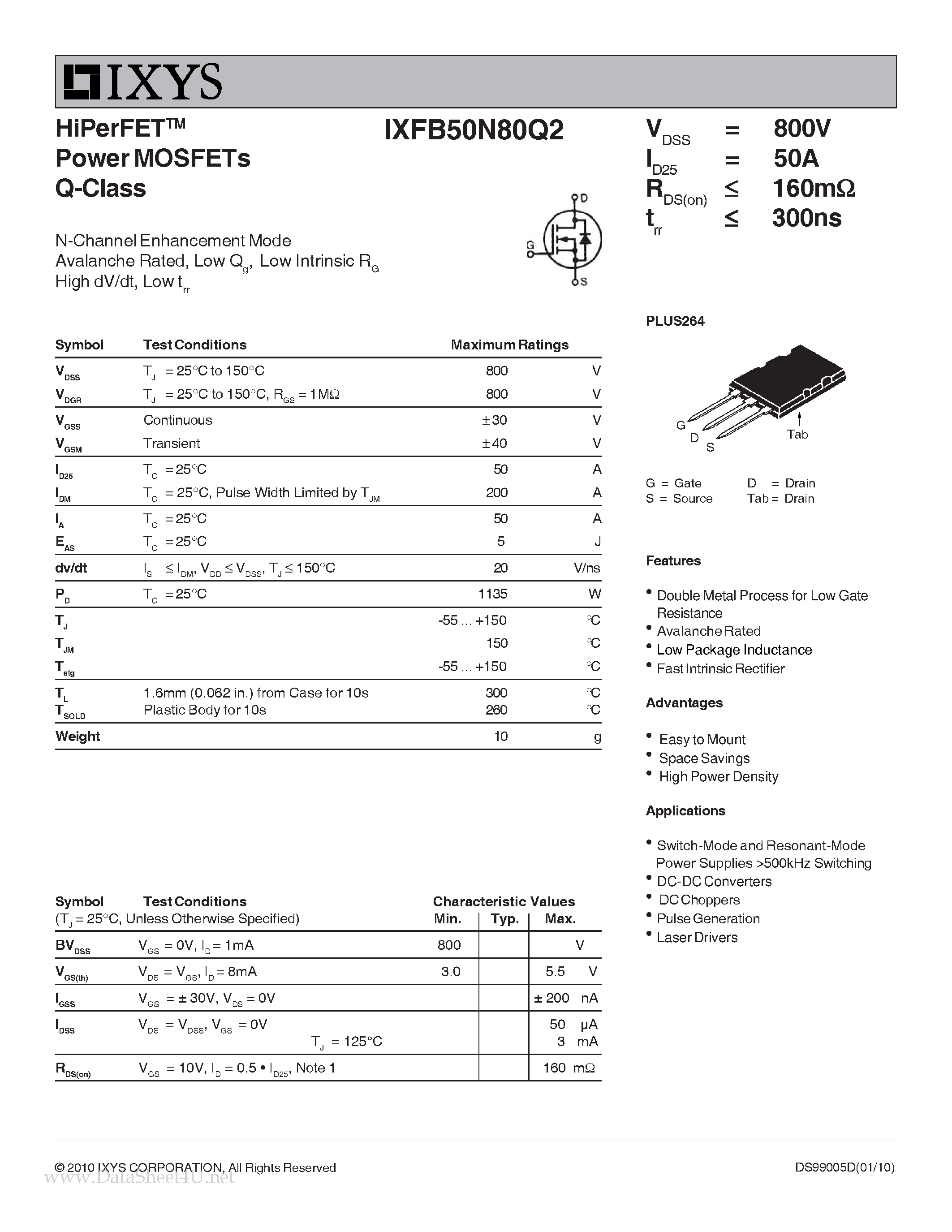 Datasheet IXFB50N80Q2 page 1 Datasheet IXFB50N80Q2 - HiPerFET Power MOSFETs Q-Class page 1