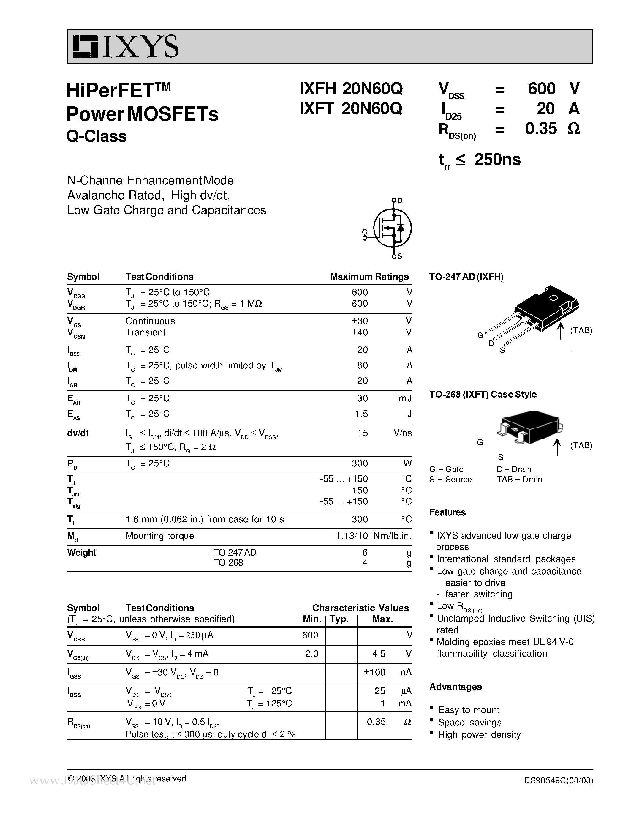 Даташит IXFH20N60Q - HiPerFET Power MOSFETs Q-Class страница 1