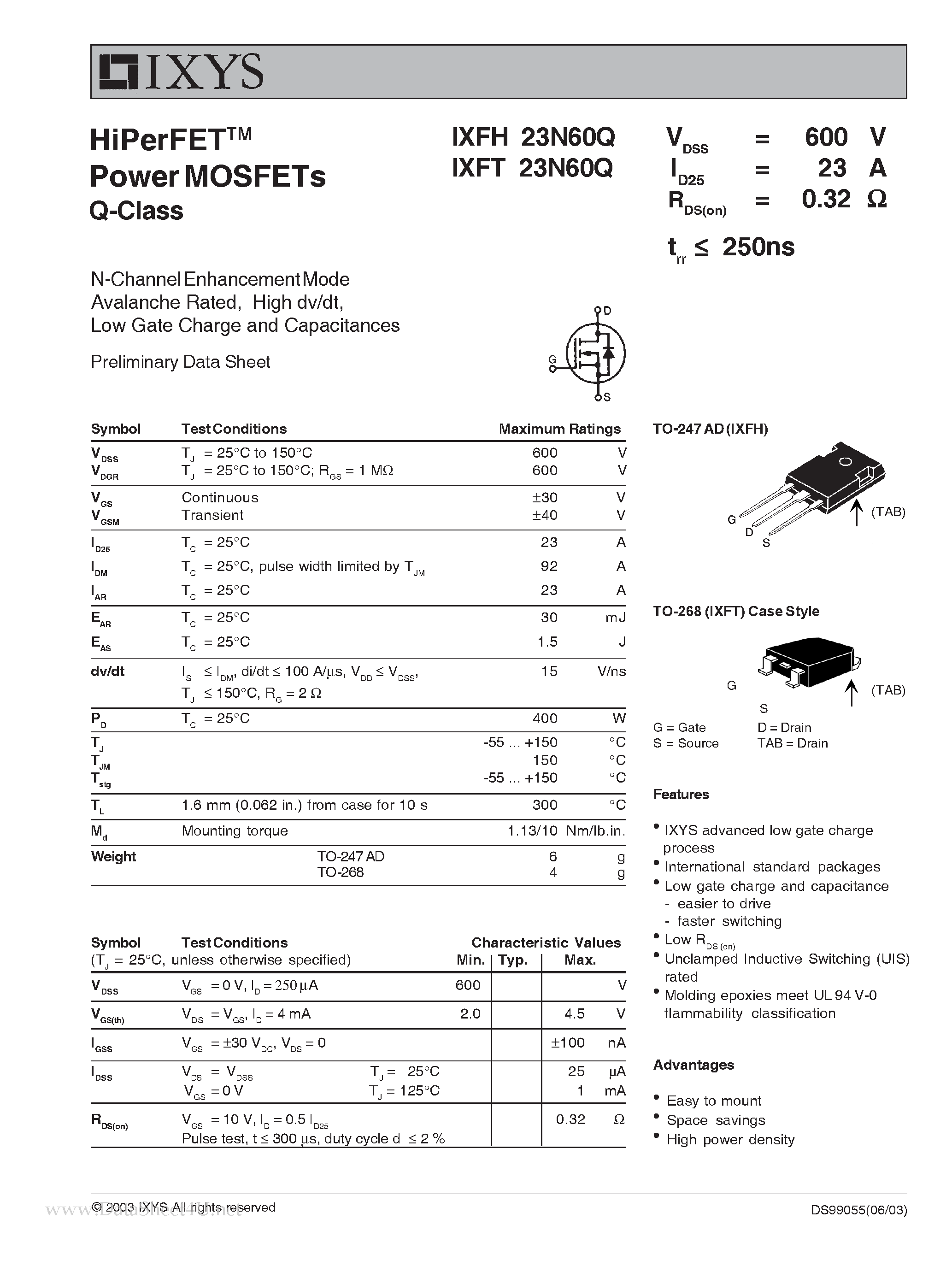 Даташит IXFT23N60Q - HiPerFET Power MOSFETs Q-Class страница 1