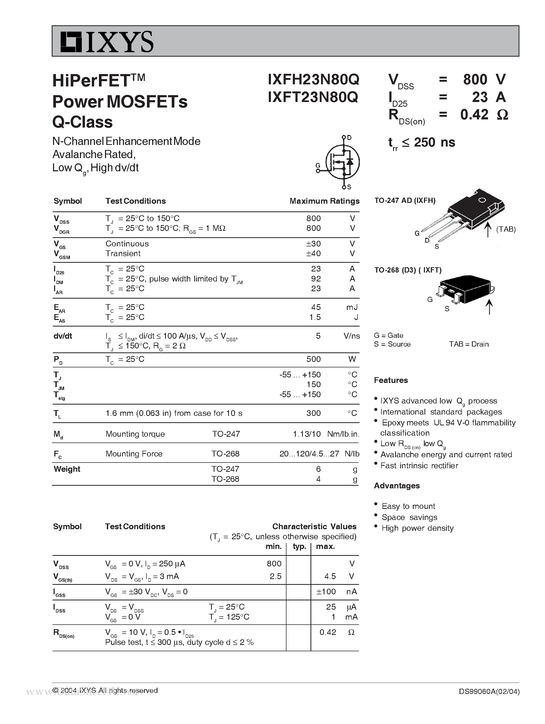 Даташит IXFH23N80Q - HiPerFET Power MOSFETs Q-Class страница 1