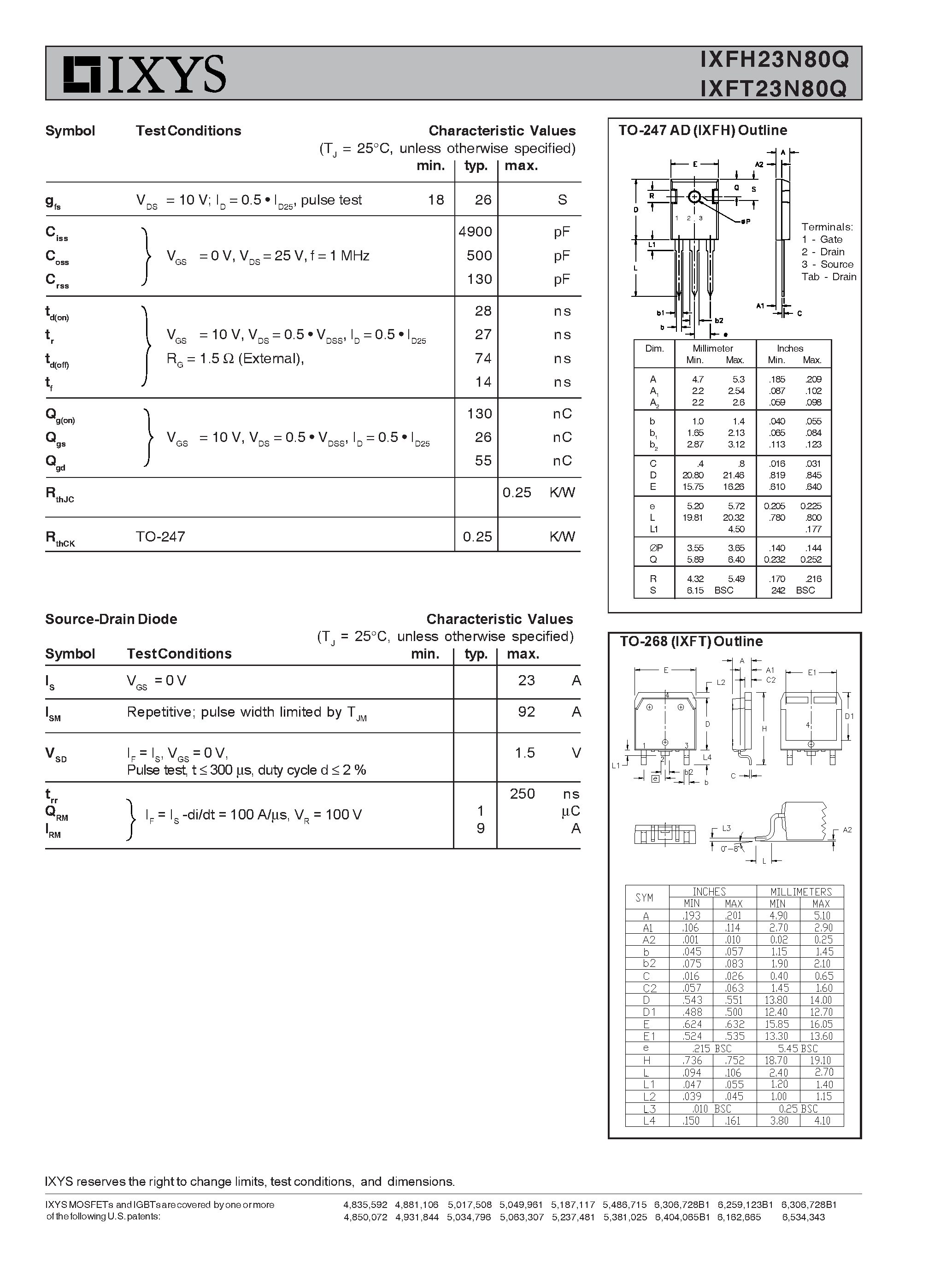 Даташит IXFH23N80Q - HiPerFET Power MOSFETs Q-Class страница 2