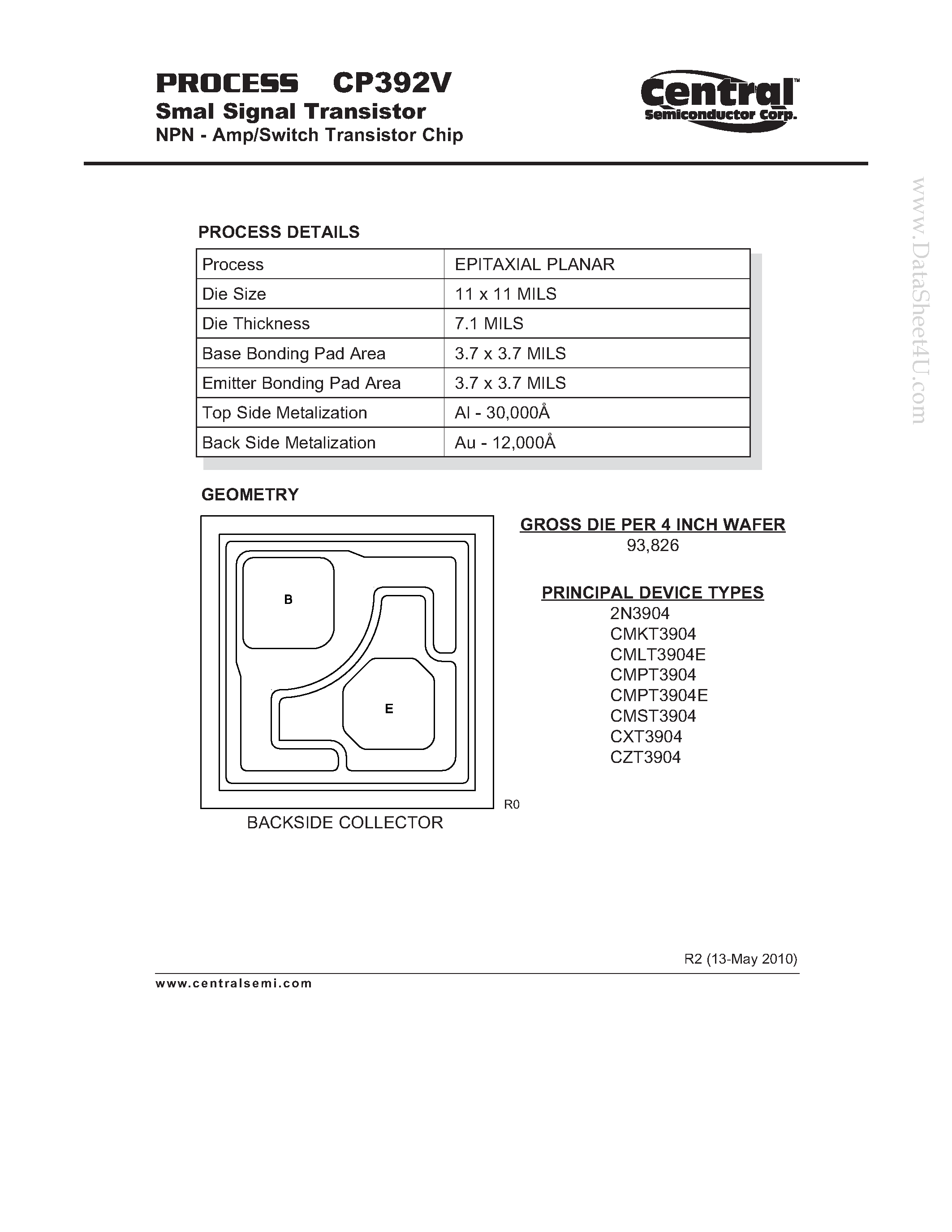 Datasheet CP392V page 1 Datasheet CP392V - Smal Signal Transistor NPN - Amp/Switch Transistor Chip page 1