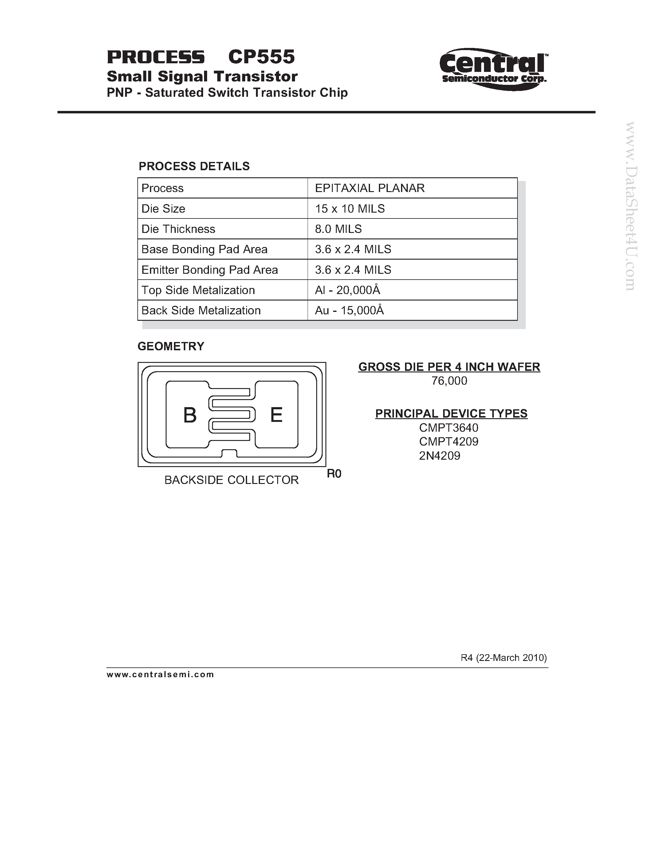 Datasheet CP555 page 1 Datasheet CP555 - Small Signal Transistor PNP - Saturated Switch Transistor Chip page 1