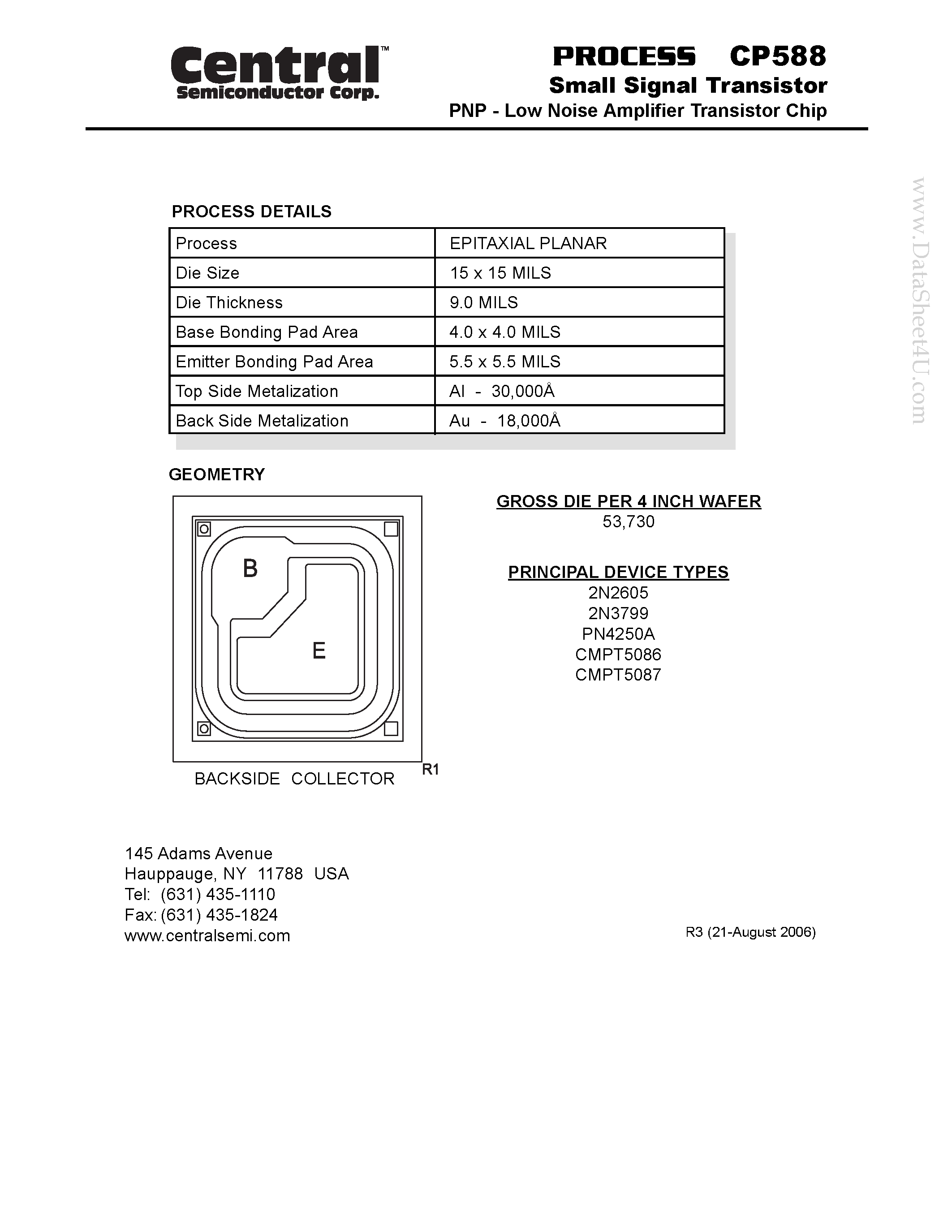 Datasheet CP588 page 1 Datasheet CP588 - Small Signal Transistor PNP - Low Noise Amplifier Transistor Chip page 1