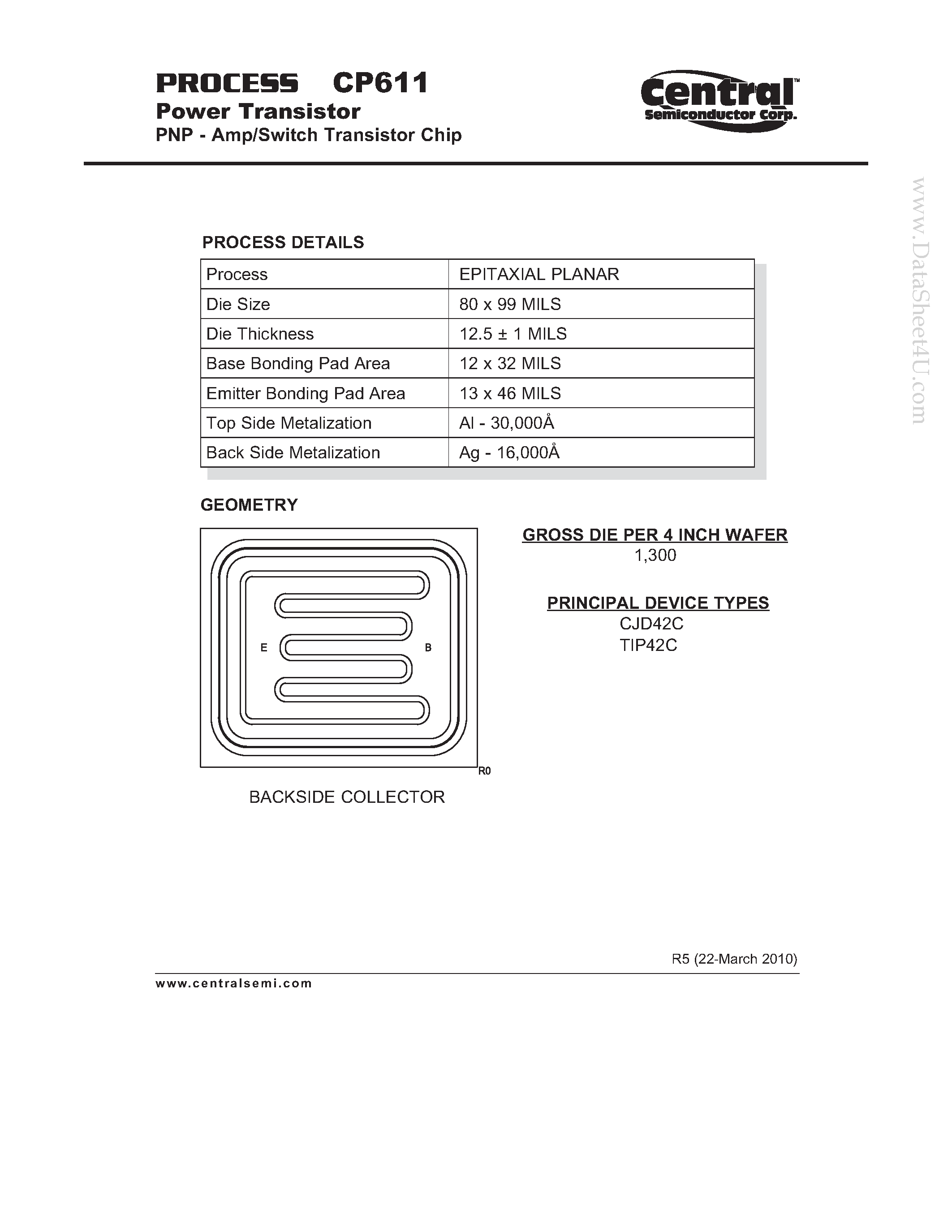 Datasheet CP611 page 1 Datasheet CP611 - Power Transistor PNP - Amp/Switch Transistor Chip page 1