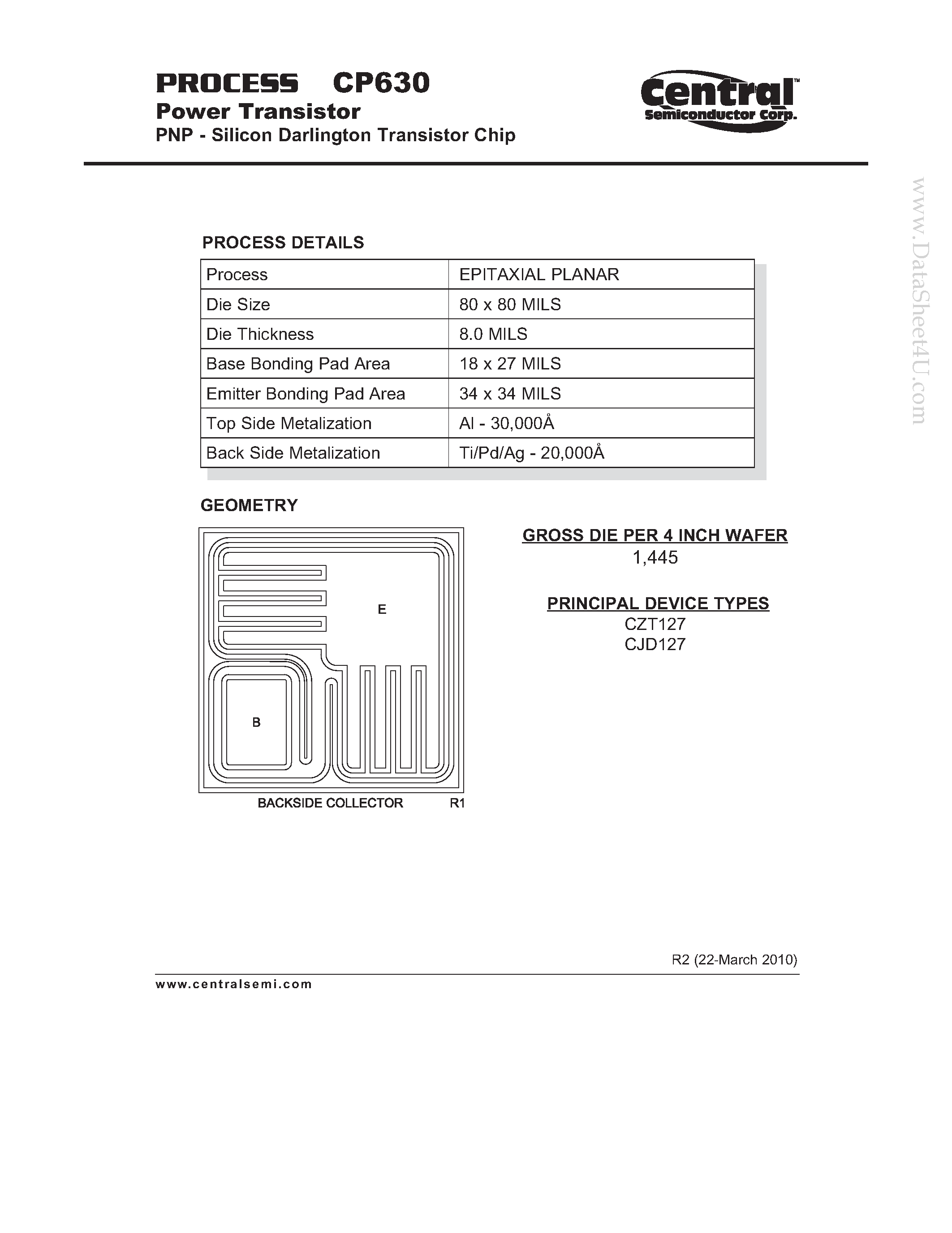 Datasheet CP630 page 1 Datasheet CP630 - Power Transistor PNP - Silicon Darlington Transistor Chip page 1