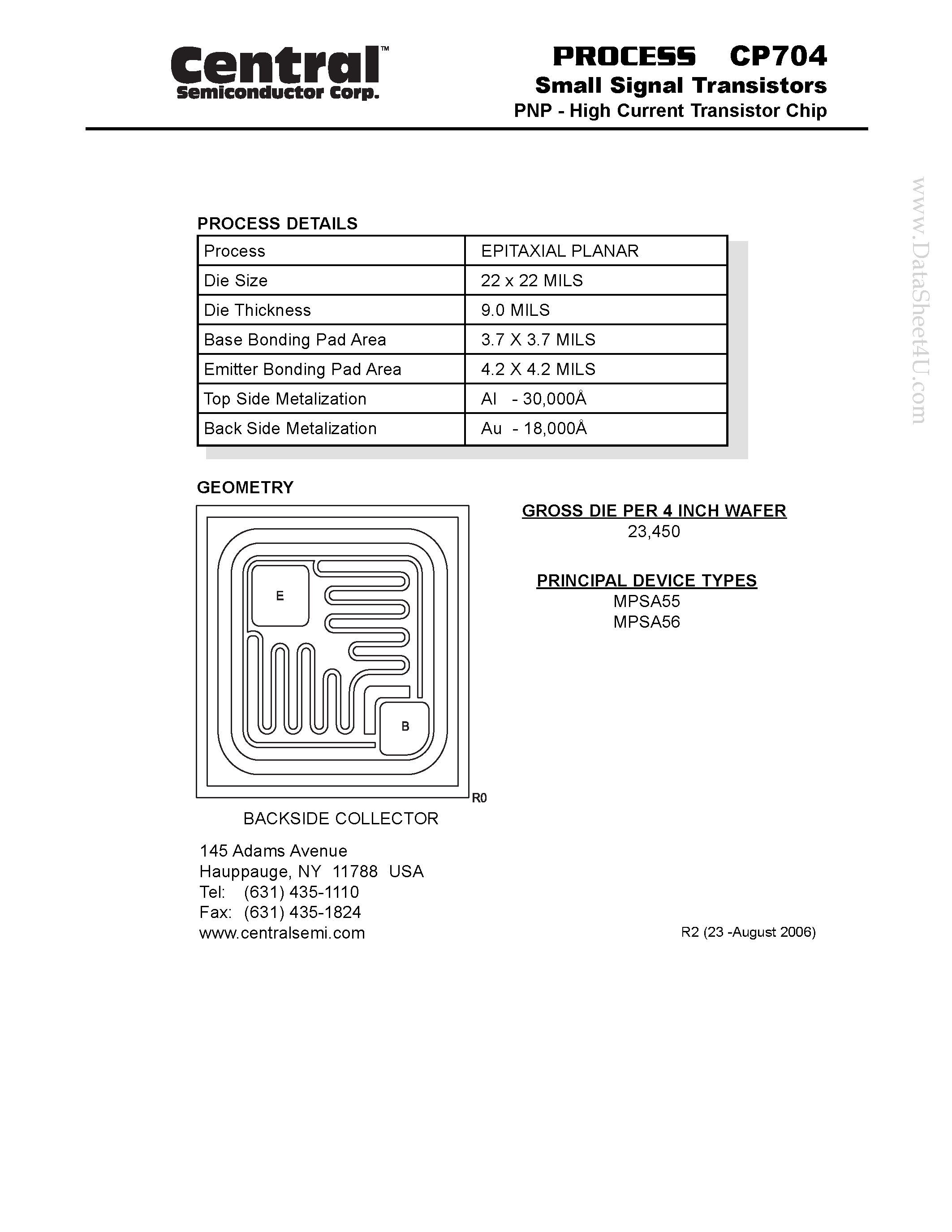Datasheet CP704 page 1 Datasheet CP704 - Small Signal Transistors PNP - High Current Transistor Chip page 1