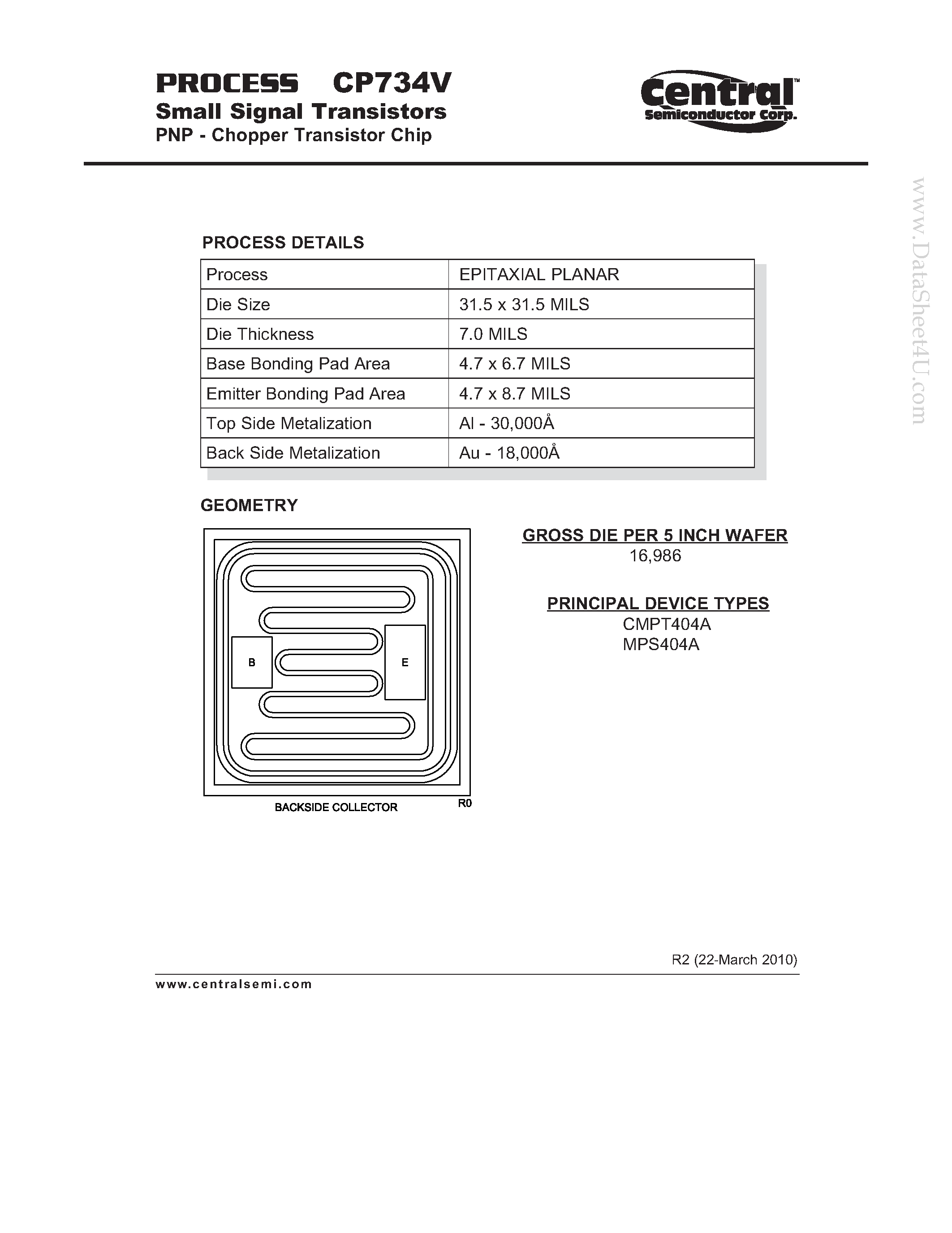 Datasheet CP734V page 1 Datasheet CP734V - Small Signal Transistors PNP - Chopper Transistor Chip page 1
