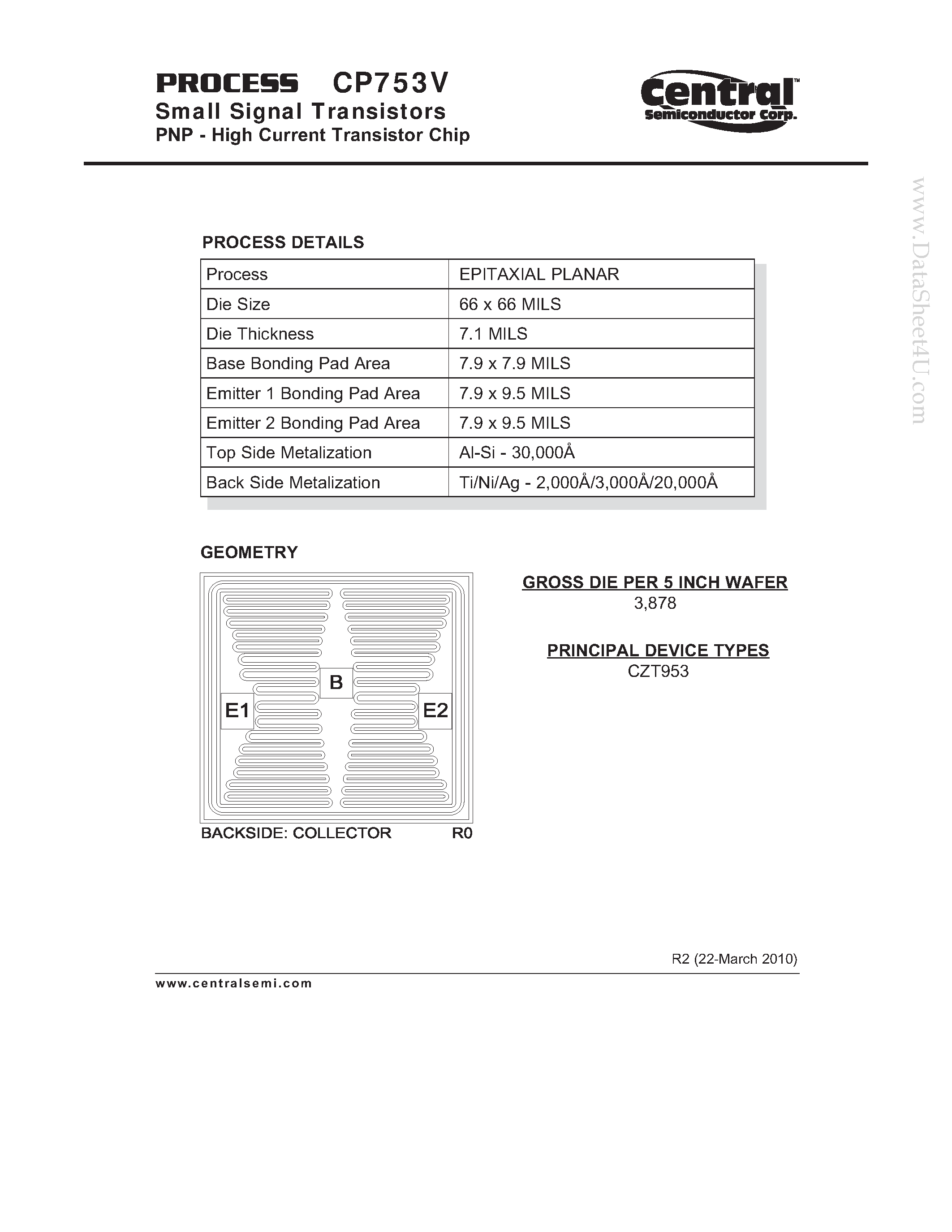 Datasheet CP753V page 1 Datasheet CP753V - Small Signal Transistors PNP - High Current Transistor Chip page 1