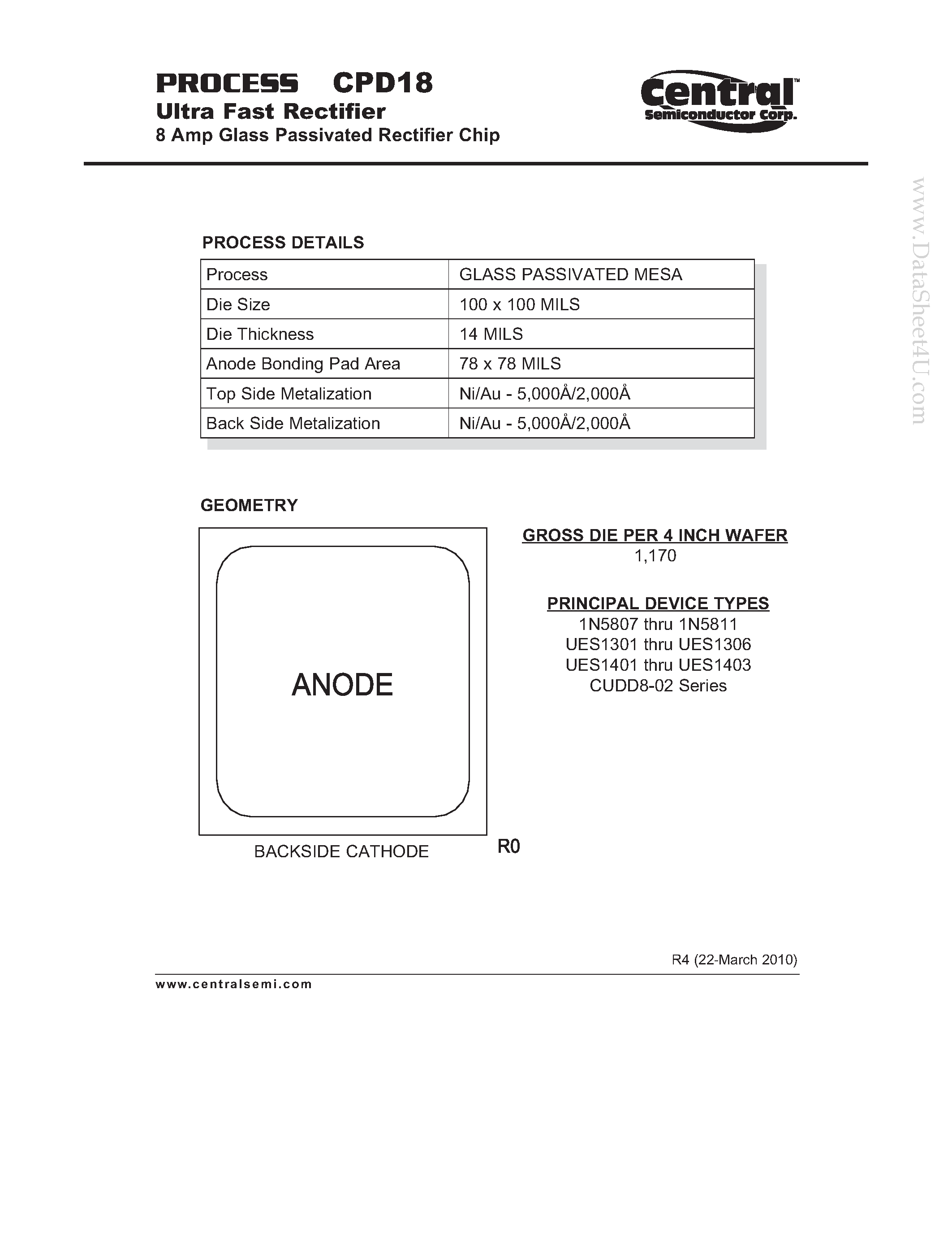 Datasheet CPD18 - Ultra Fast Rectifier 8 Amp Glass Passivated Rectifier Chip page 1