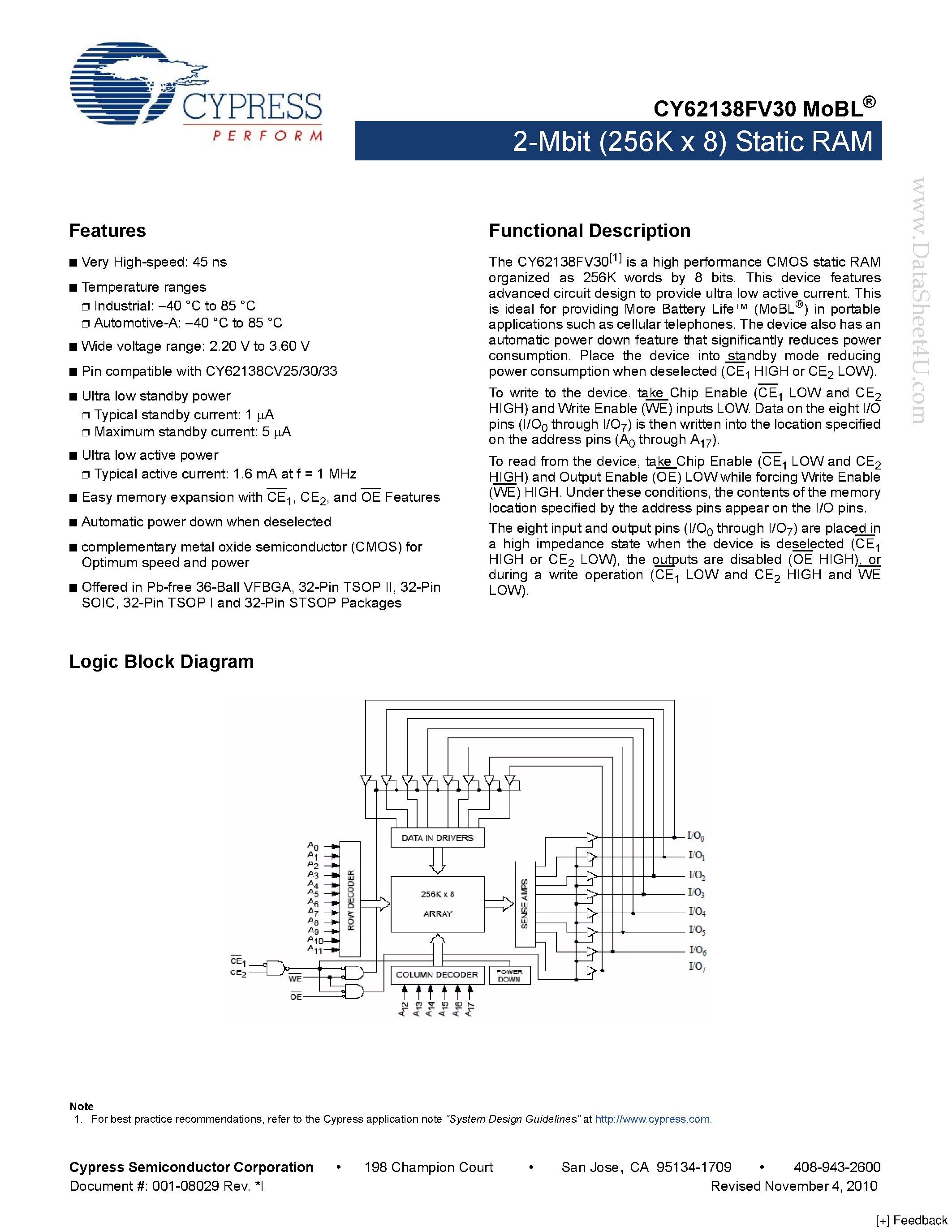 Даташит CY62138FV30 - 2-Mbit (256K x 8) Static RAM страница 1