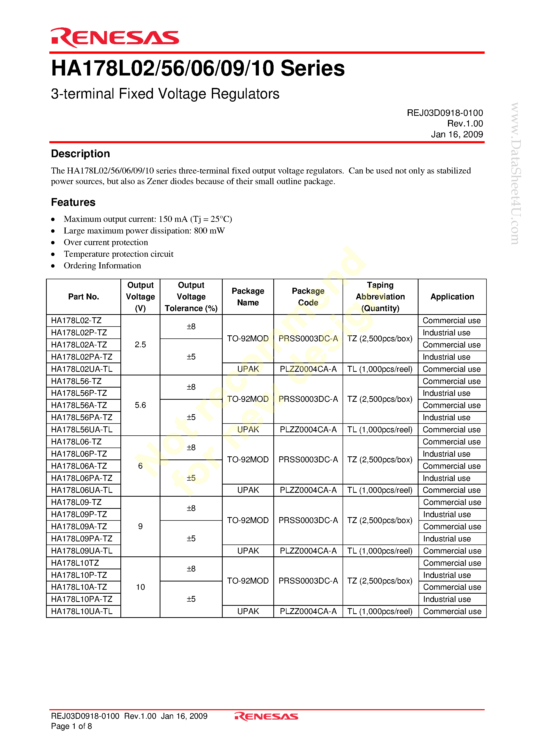 Даташит HA178L02 - 3-terminal Fixed Voltage Regulators страница 1