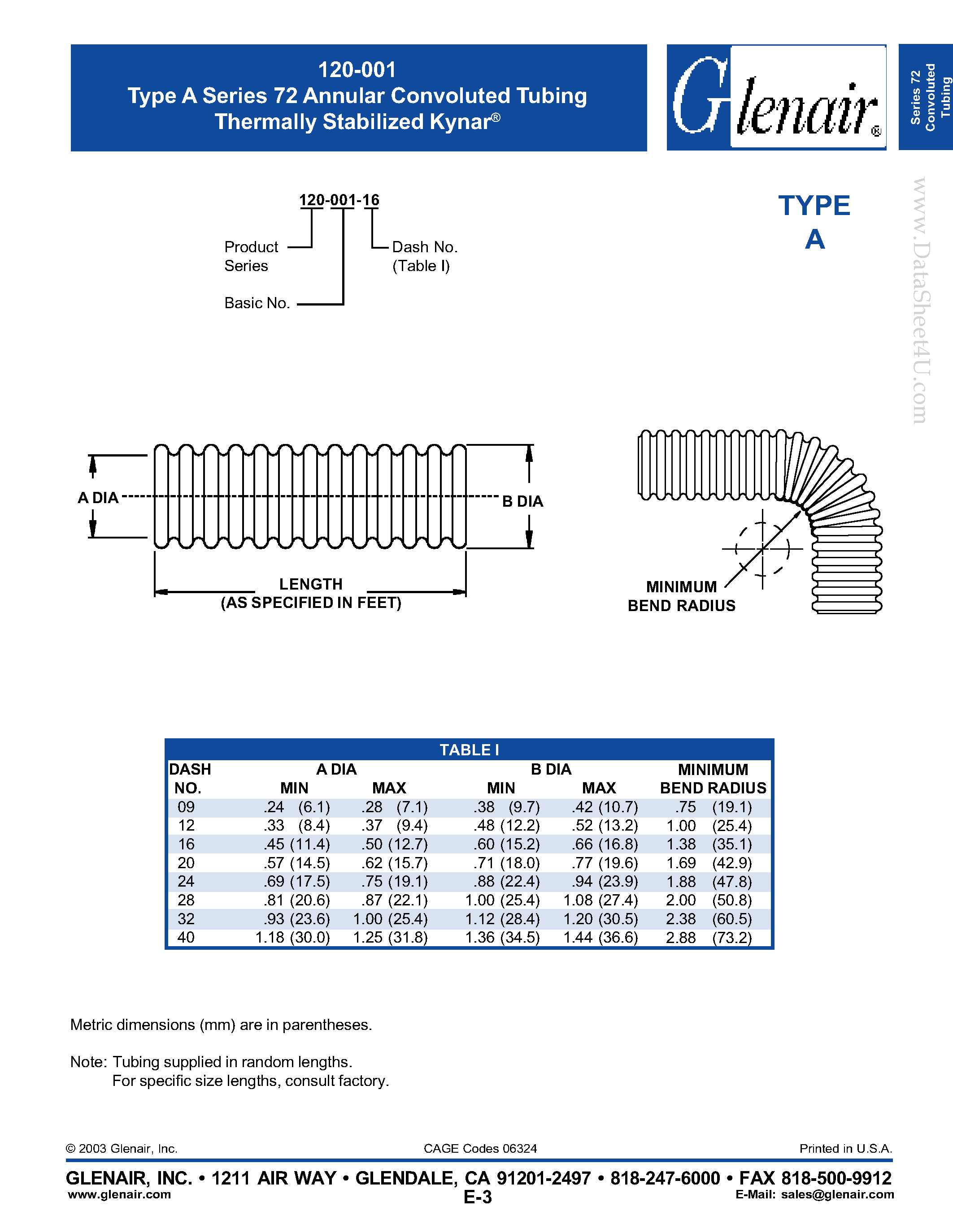Datasheet 120-001 page 1 Datasheet 120-001 - 72 Annular Convoluted Tubing Thermally Stabilized Kynar page 1