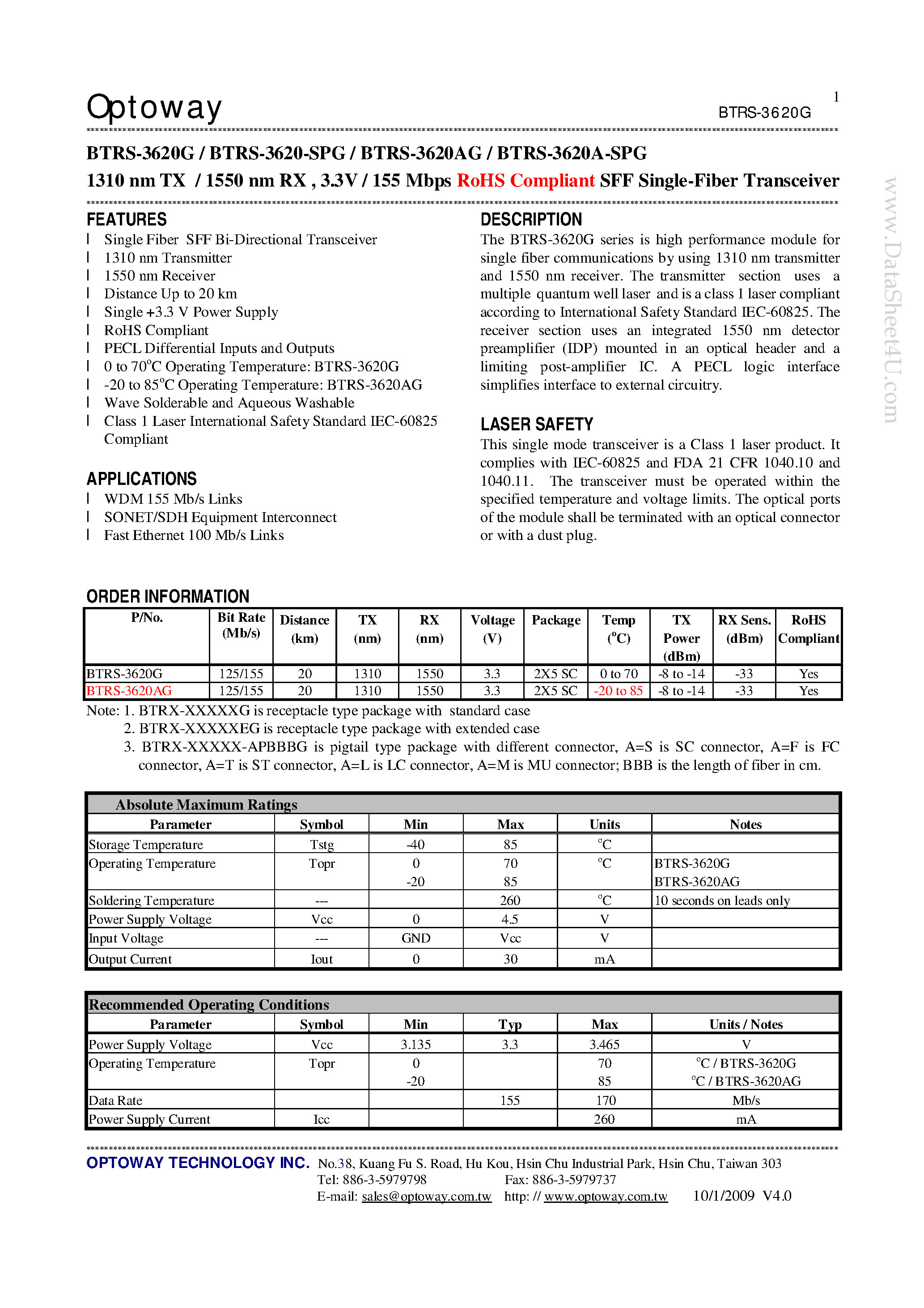 Datasheet BTRS-3620-SPG - 1310 nm TX / 1550 nm RX 3.3V / 155 Mbps RoHS Compliant SFF Single-Fiber Transceiver page 1