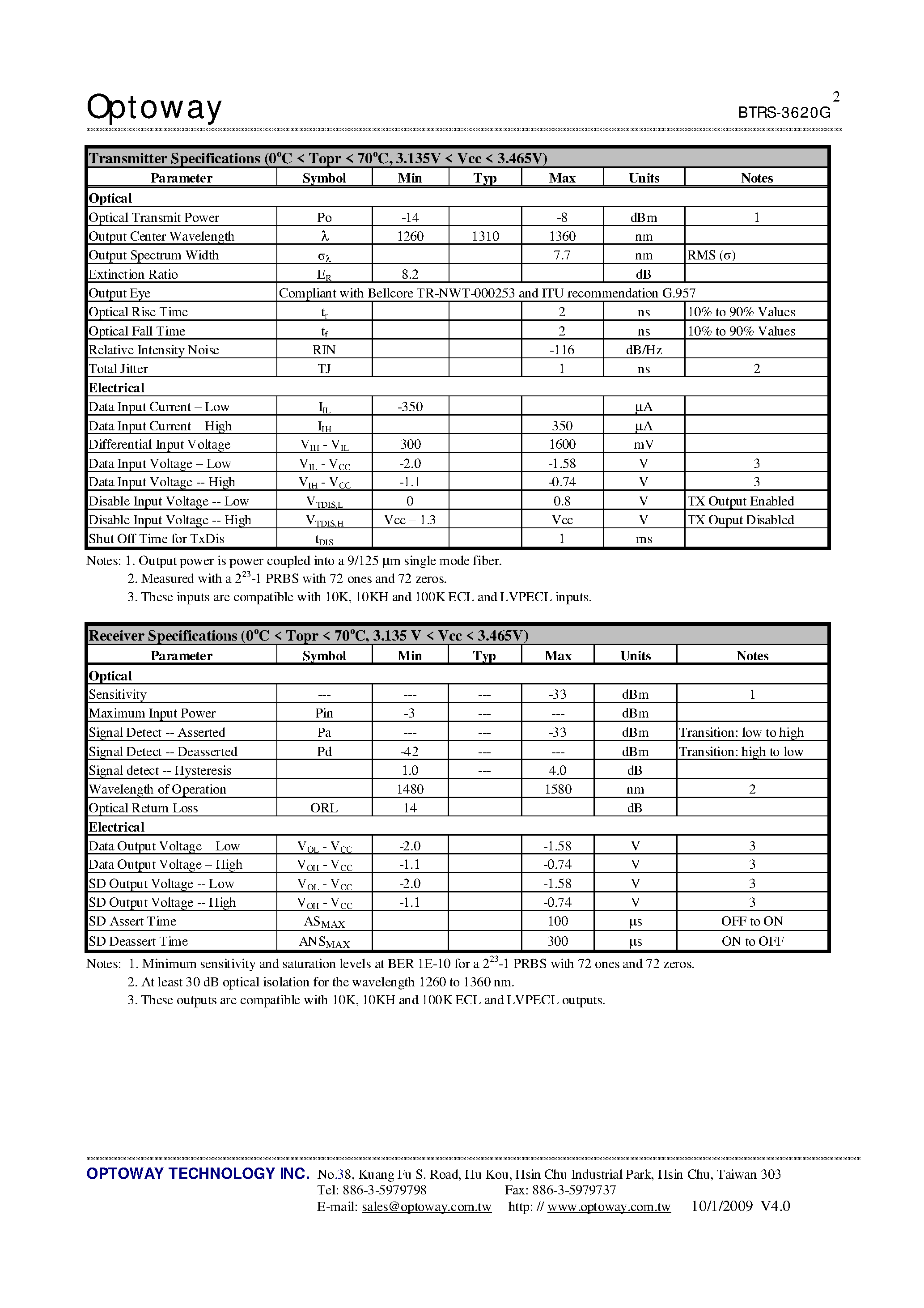 Datasheet BTRS-3620-SPG - 1310 nm TX / 1550 nm RX 3.3V / 155 Mbps RoHS Compliant SFF Single-Fiber Transceiver page 2