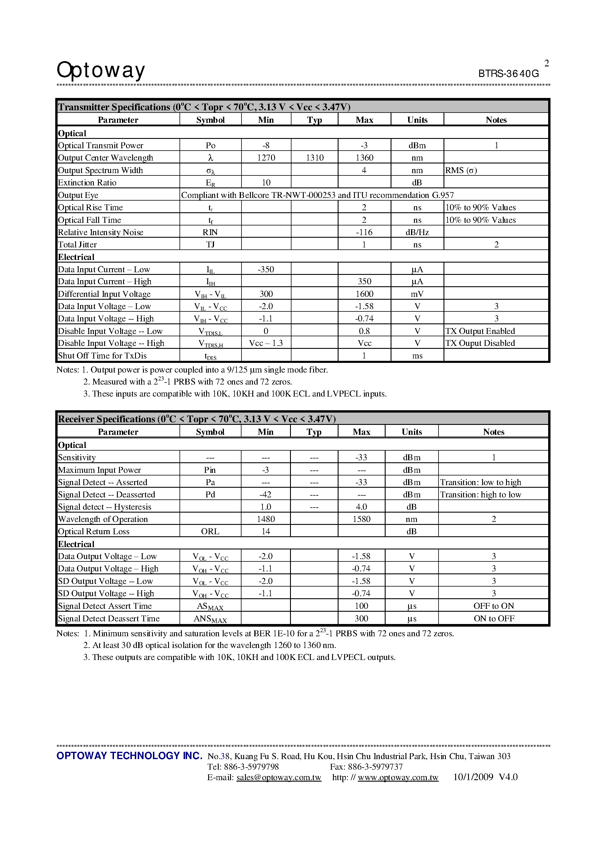 Datasheet BTRS-3640-SPG page 2 Datasheet BTRS-3640-SPG - 1310 nm TX / 1550 nm RX 3.3V / 155 Mbps RoHS Compliant SFF Single-Fiber Transceiver page 2