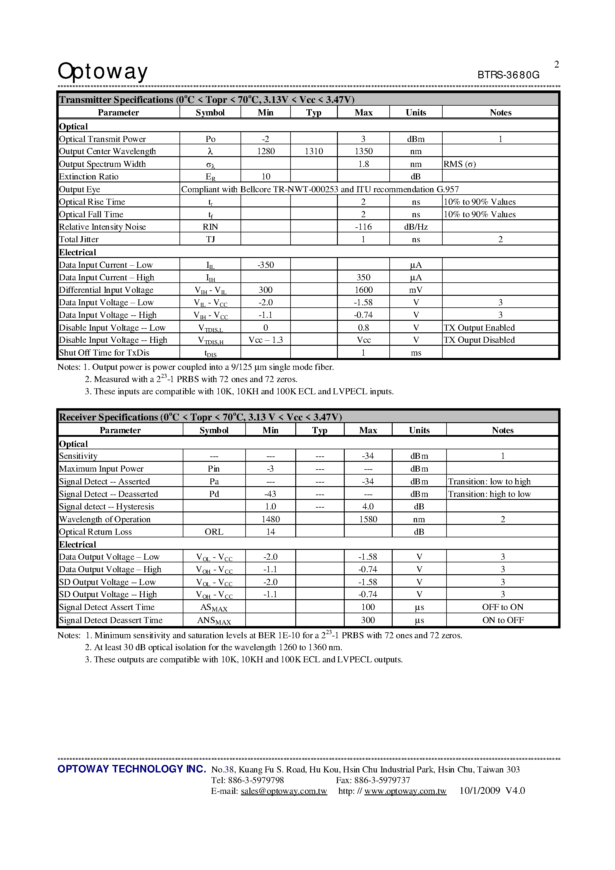 Datasheet BTRS-3680AG - 1310 nm TX / 1550 nm RX 3.3V / 155 Mbps RoHS Compliant SFF Single-Fiber Transceiver page 2