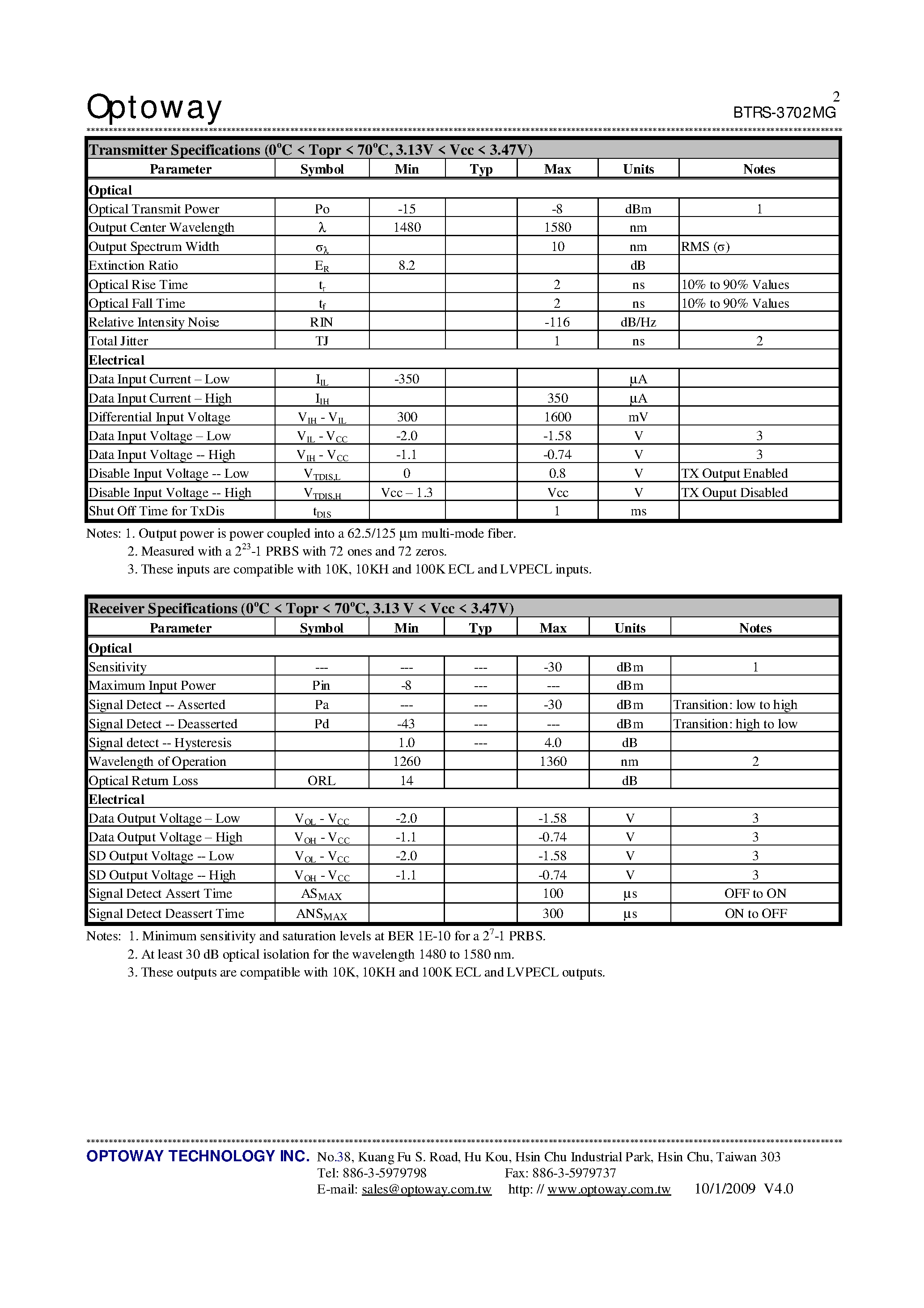 Datasheet BTRS-3702AMG page 2 Datasheet BTRS-3702AMG - 1550 nm TX / 1310 nm RX 3.3V / 125 Mbps RoHS Compliant Single-Fiber MM Transceiver page 2