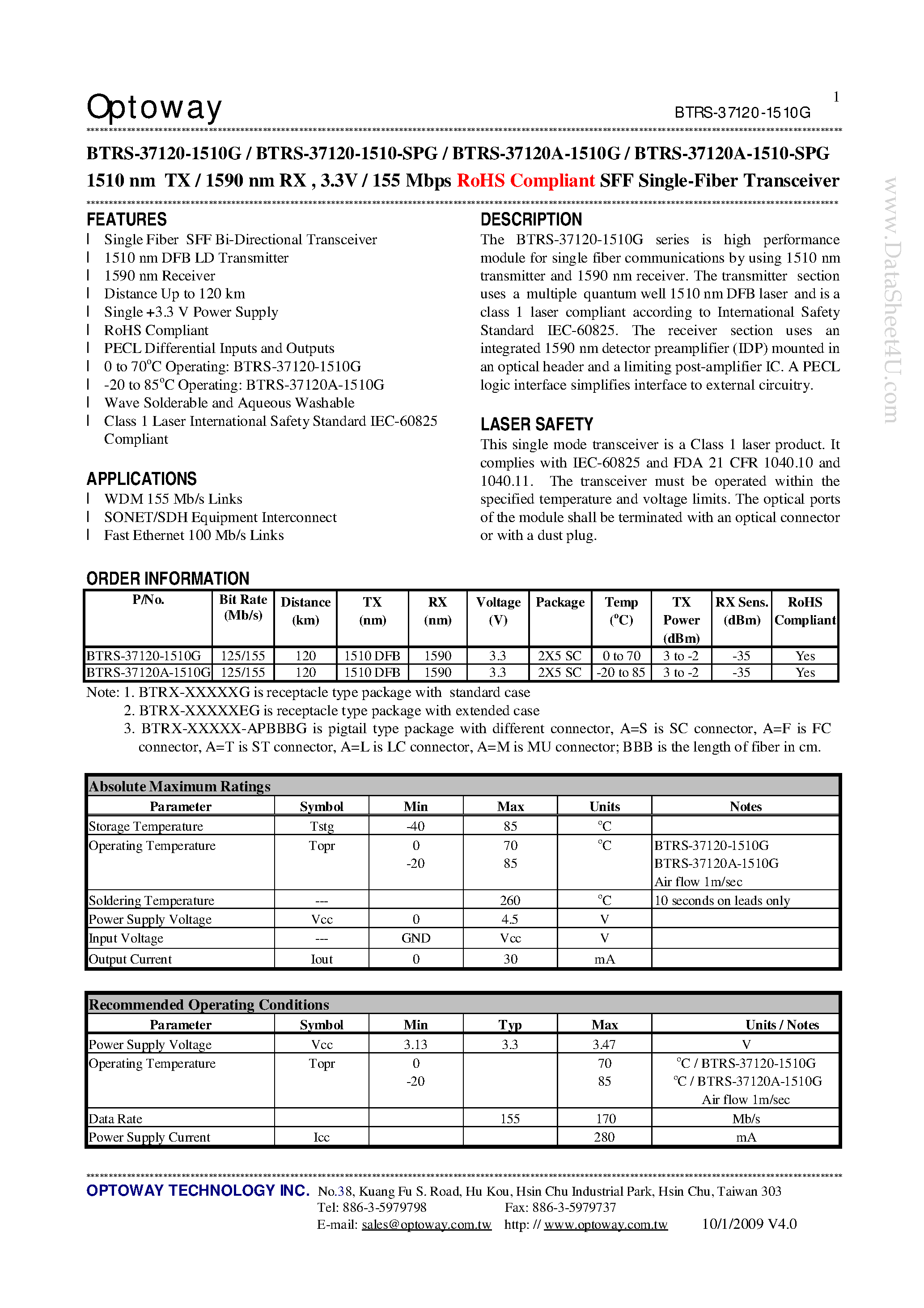 Datasheet BTRS-37120-1510-SPG - 1510 nm TX / 1590 nm RX 3.3V / 155 Mbps RoHS Compliant SFF Single-Fiber Transceiver page 1