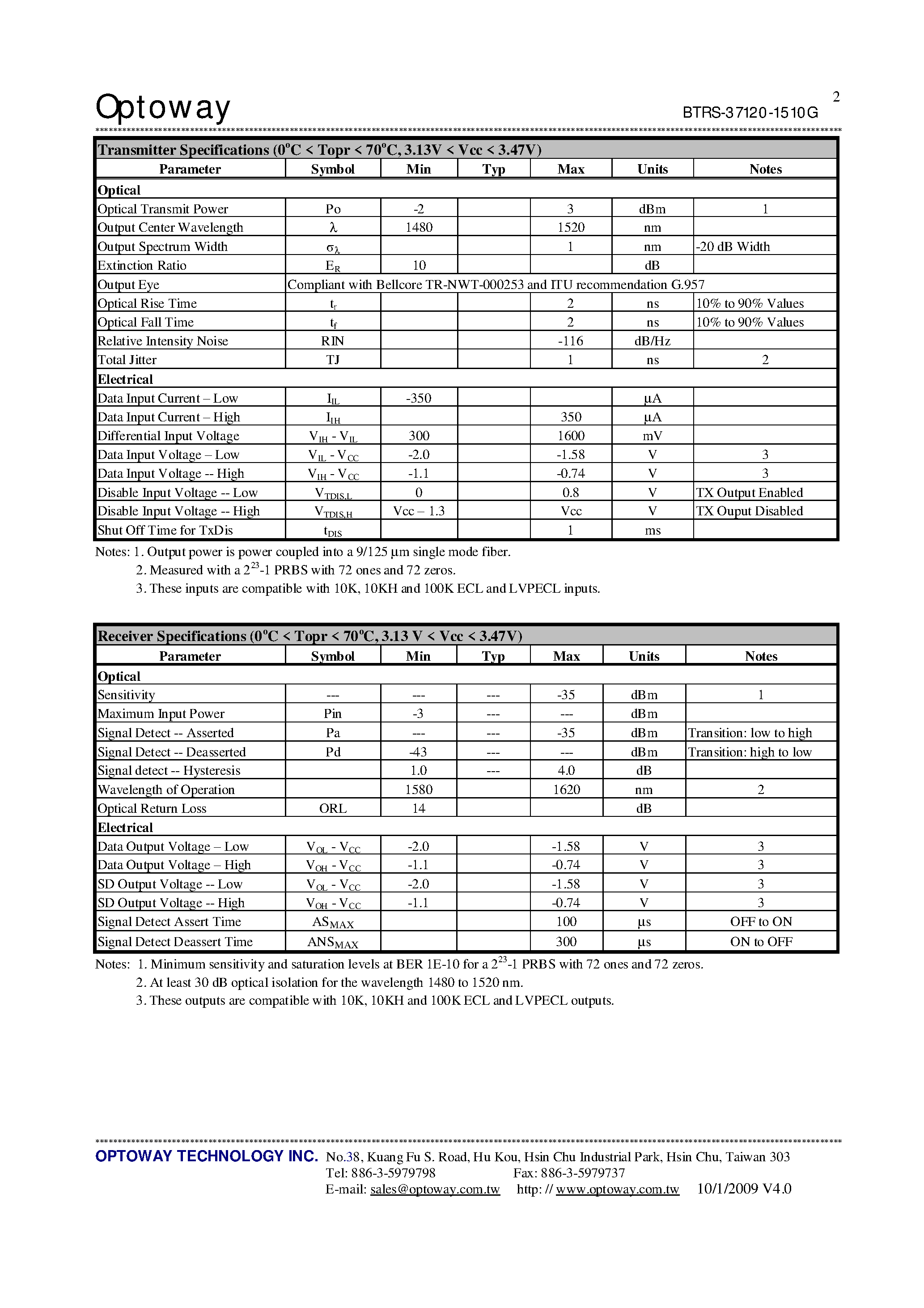 Datasheet BTRS-37120-1510-SPG - 1510 nm TX / 1590 nm RX 3.3V / 155 Mbps RoHS Compliant SFF Single-Fiber Transceiver page 2