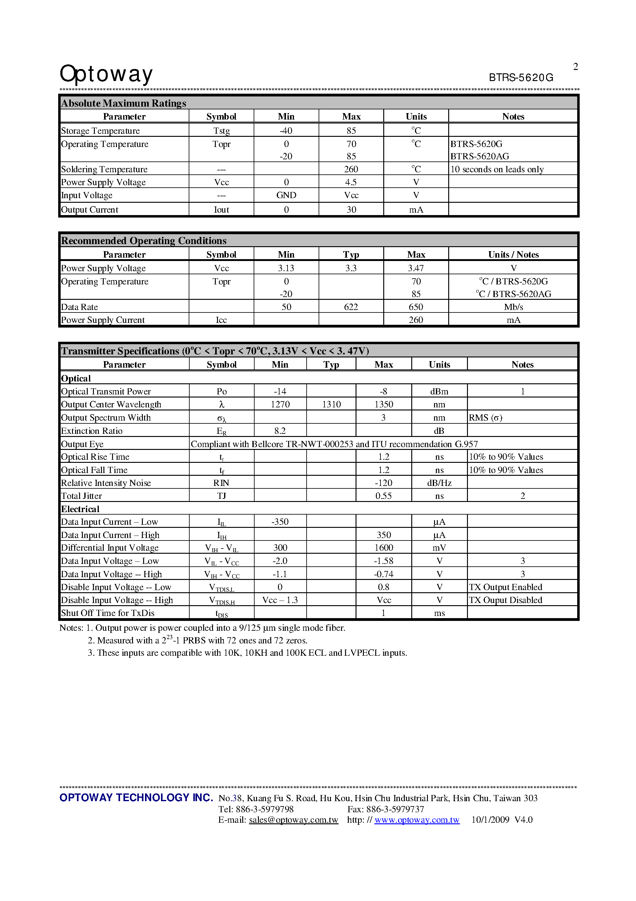 Datasheet BTRS-5620-SPG page 2 Datasheet BTRS-5620-SPG - 1310 nm TX / 1550 nm RX 3.3V / 622 Mbps RoHS Compliant Single-Fiber Transceiver page 2