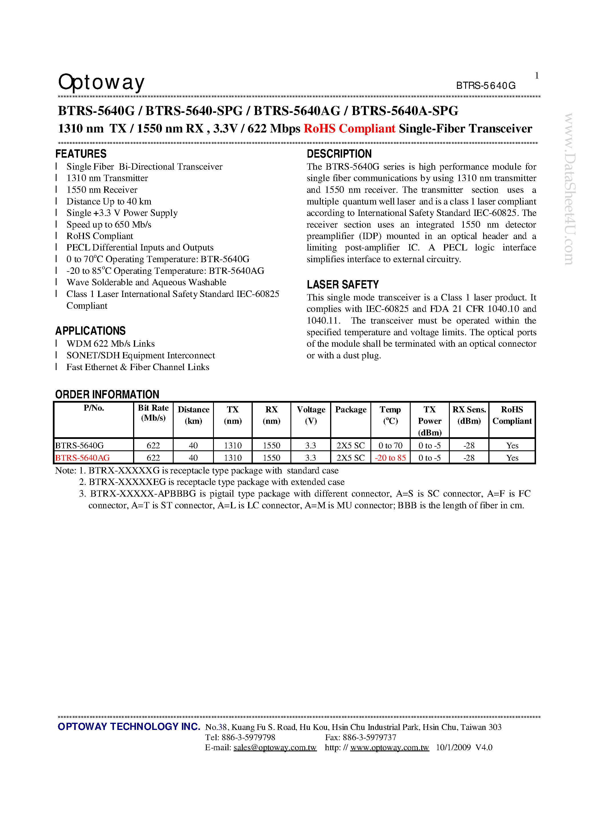 Datasheet BTRS-5640-SPG - 1310 nm TX / 1550 nm RX 3.3V / 622 Mbps RoHS Compliant Single-Fiber Transceiver page 1