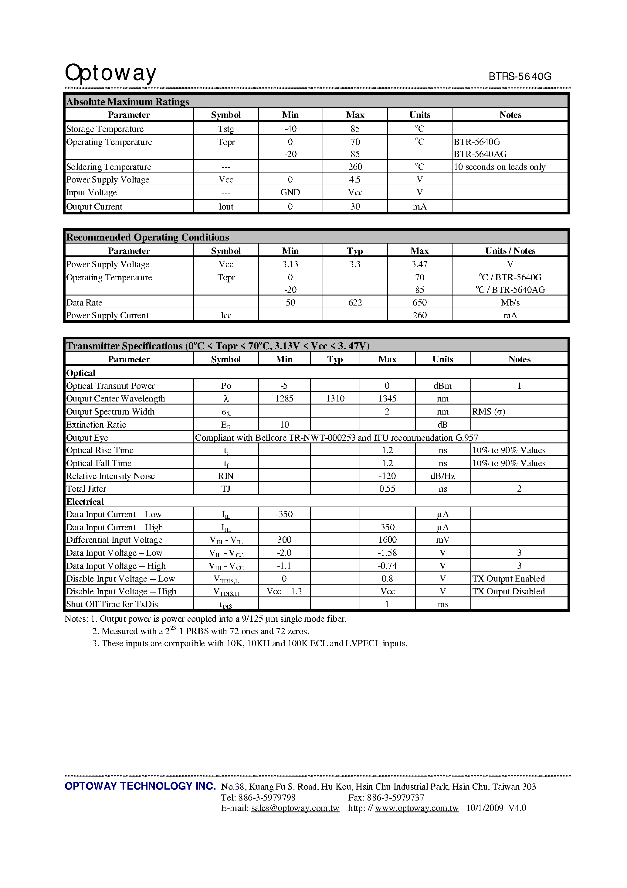 Datasheet BTRS-5640-SPG - 1310 nm TX / 1550 nm RX 3.3V / 622 Mbps RoHS Compliant Single-Fiber Transceiver page 2