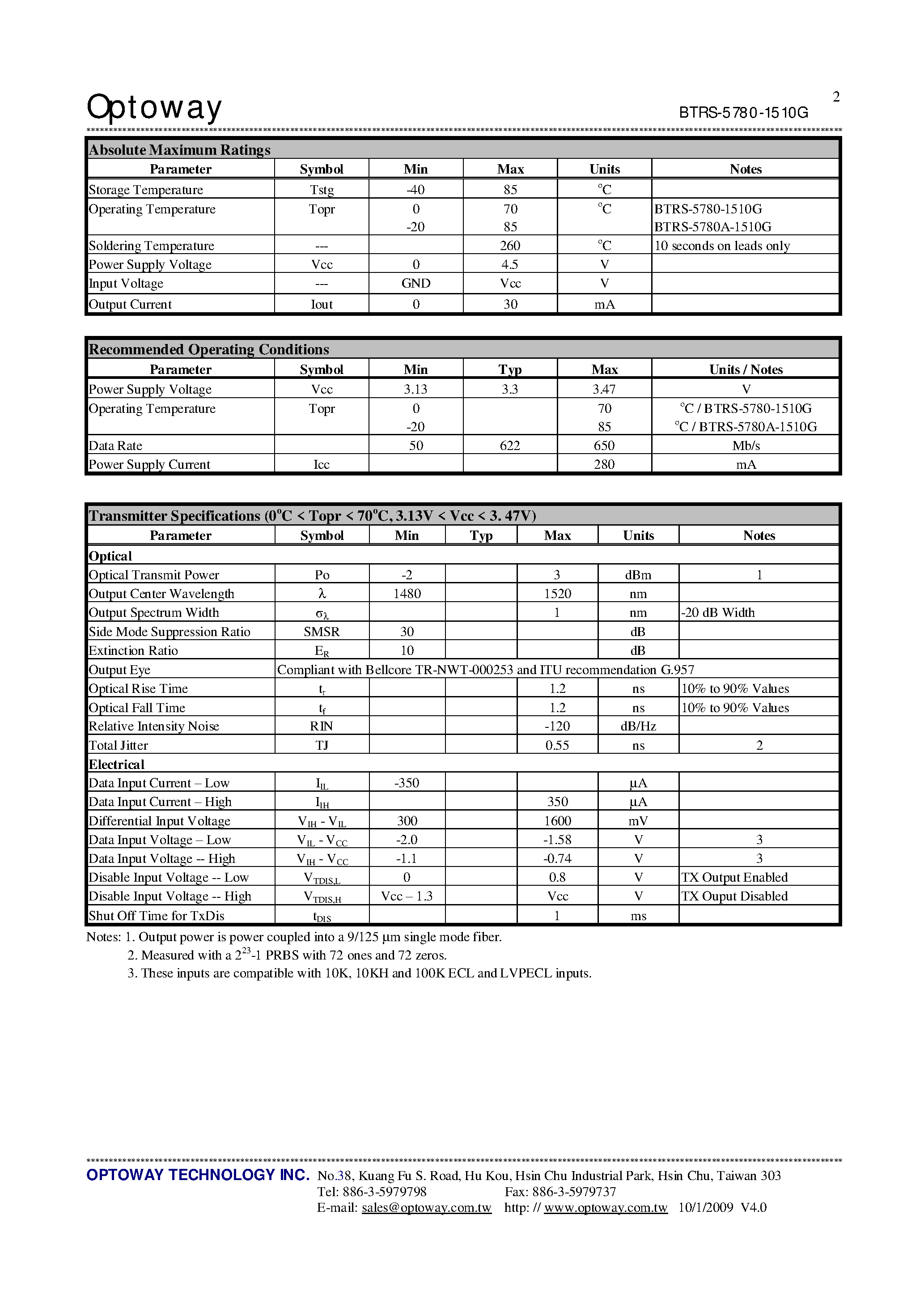 Datasheet BTRS-5780-1510-SPG page 2 Datasheet BTRS-5780-1510-SPG - 1510 nm TX / 1590 nm RX 3.3V / 622 Mbps RoHS Compliant Single-Fiber Transceiver page 2