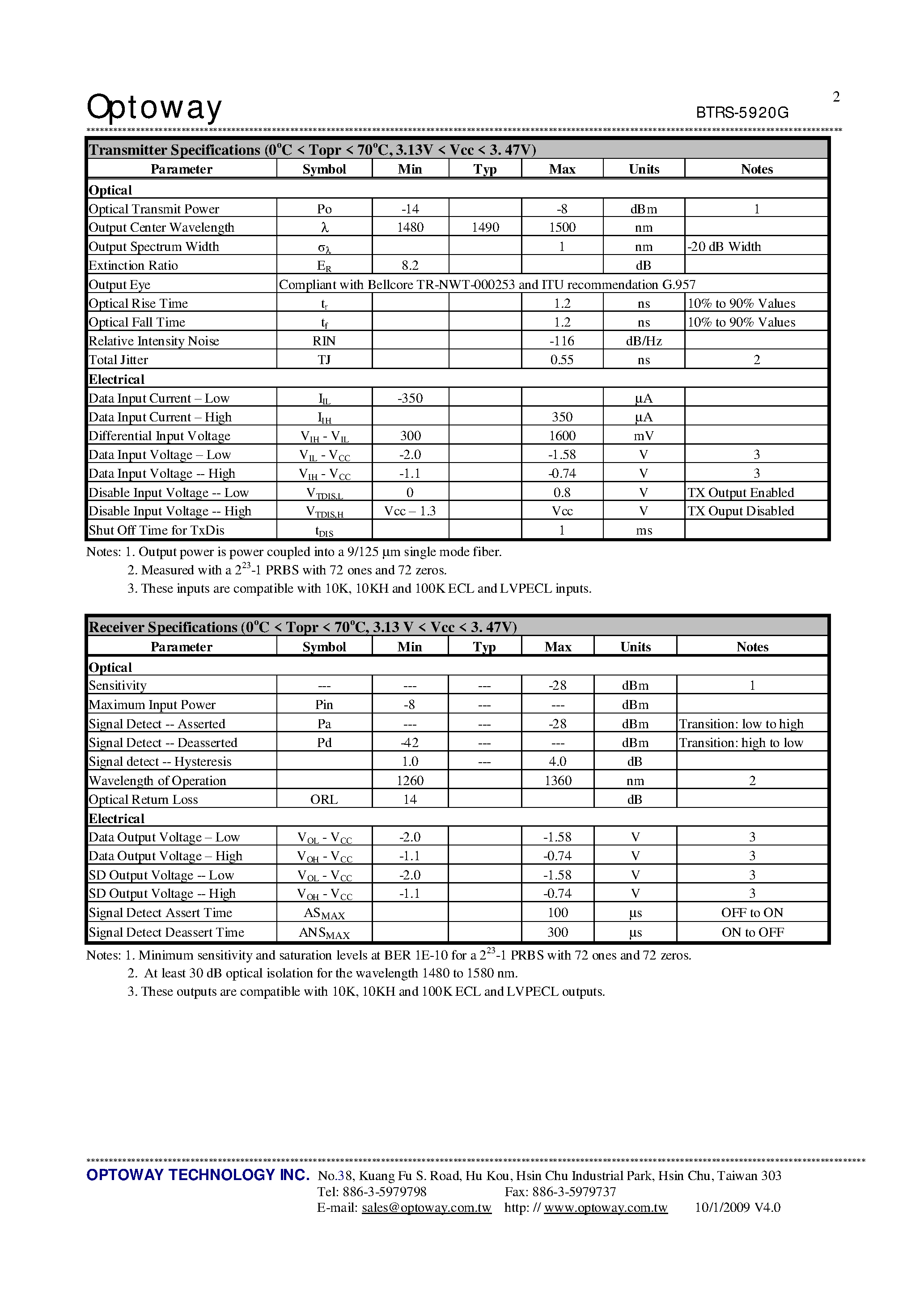 Datasheet BTRS-5920-SPG page 2 Datasheet BTRS-5920-SPG - 1490 nm TX / 1310 nm RX 3.3V / 155 Mbps RoHS Compliant Single-Fiber Transceiver page 2