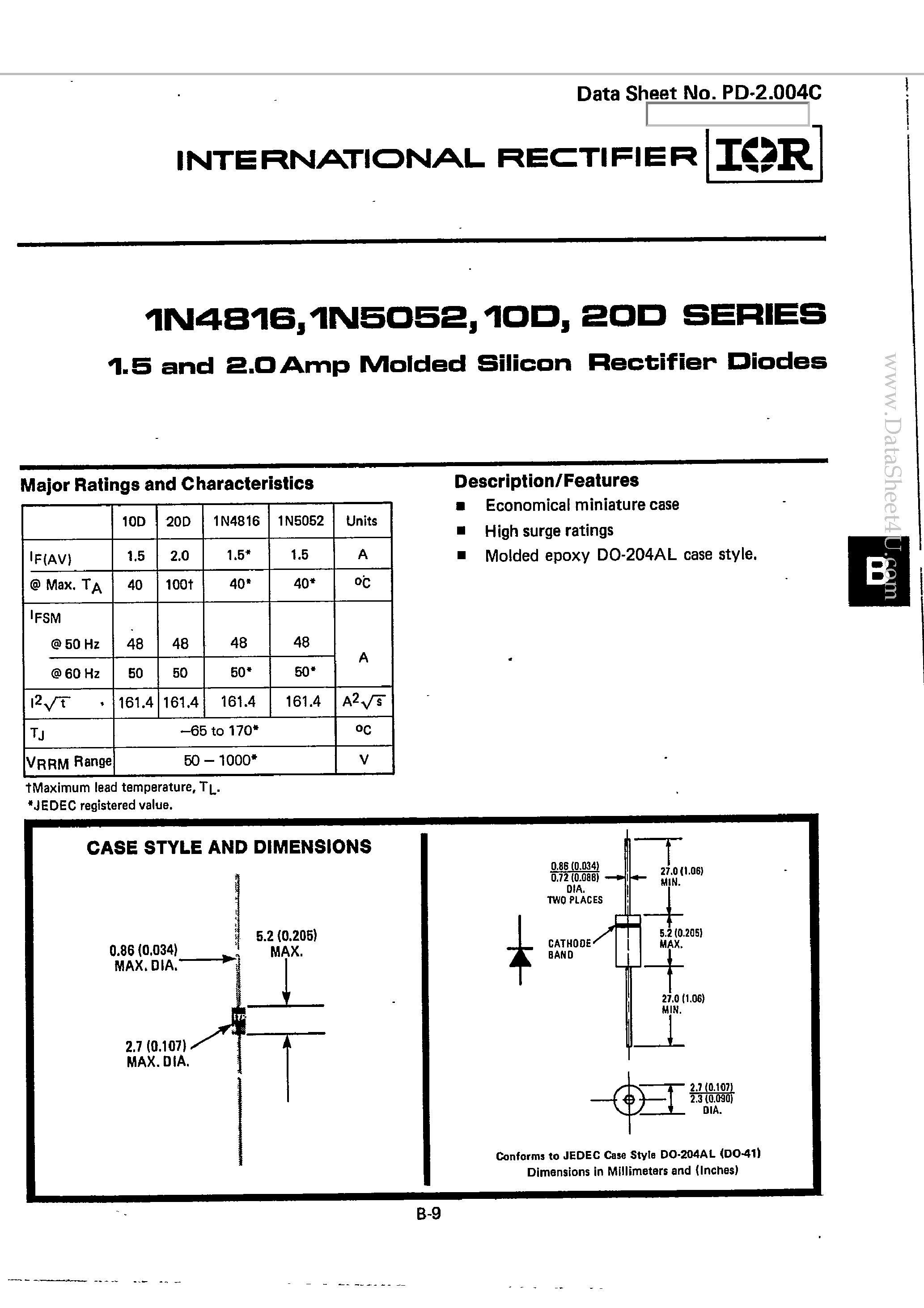 Datasheet 1N4816 page 1 Datasheet 1N4816 - (1N4816 - 1N4819) 1.5 AND 2.0 AMP MOLDED SILICON RECTIFIER DIODES page 1