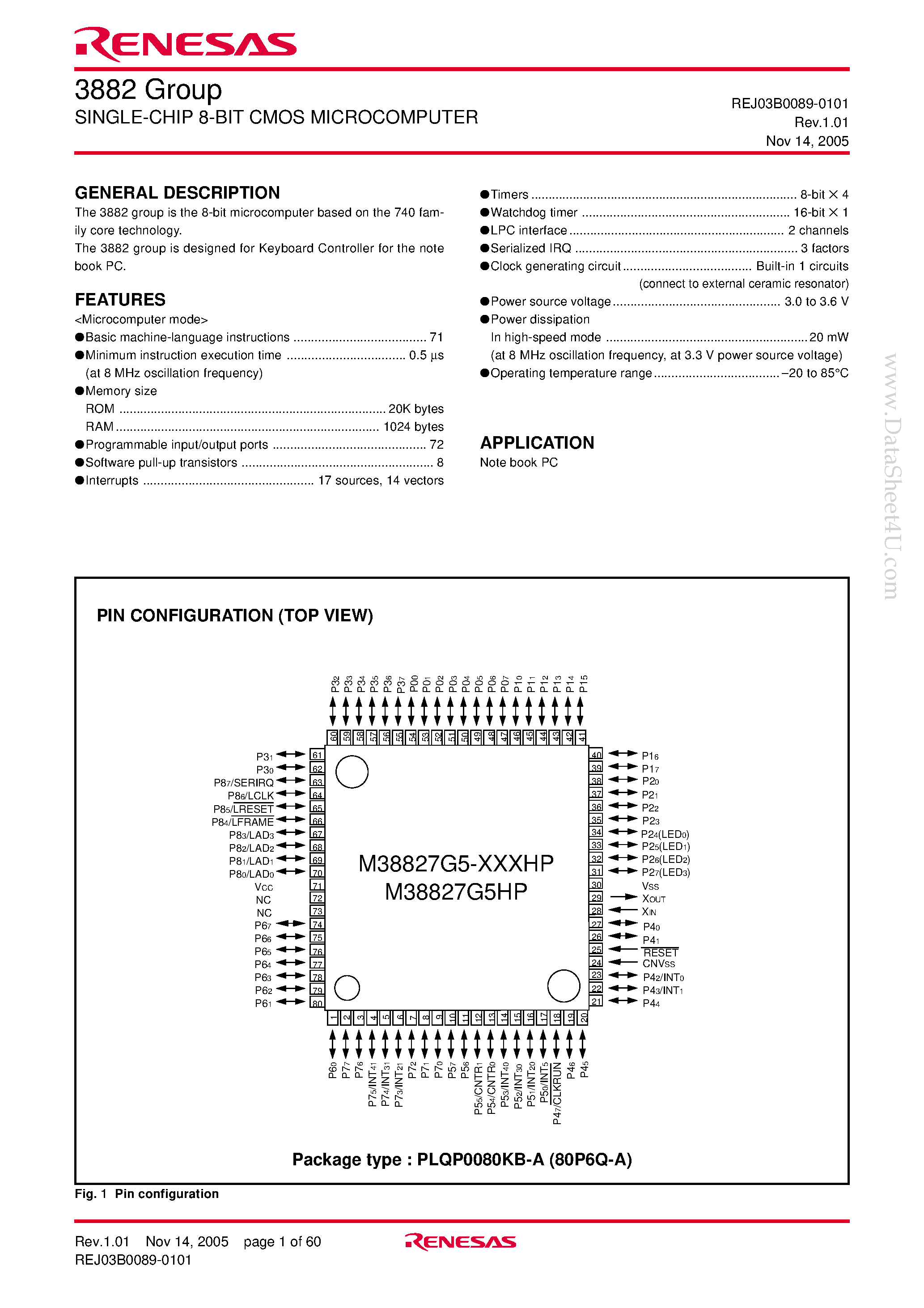 Datasheet M3882 - SINGLE-CHIP 8-BIT CMOS MICROCOMPUTER page 1