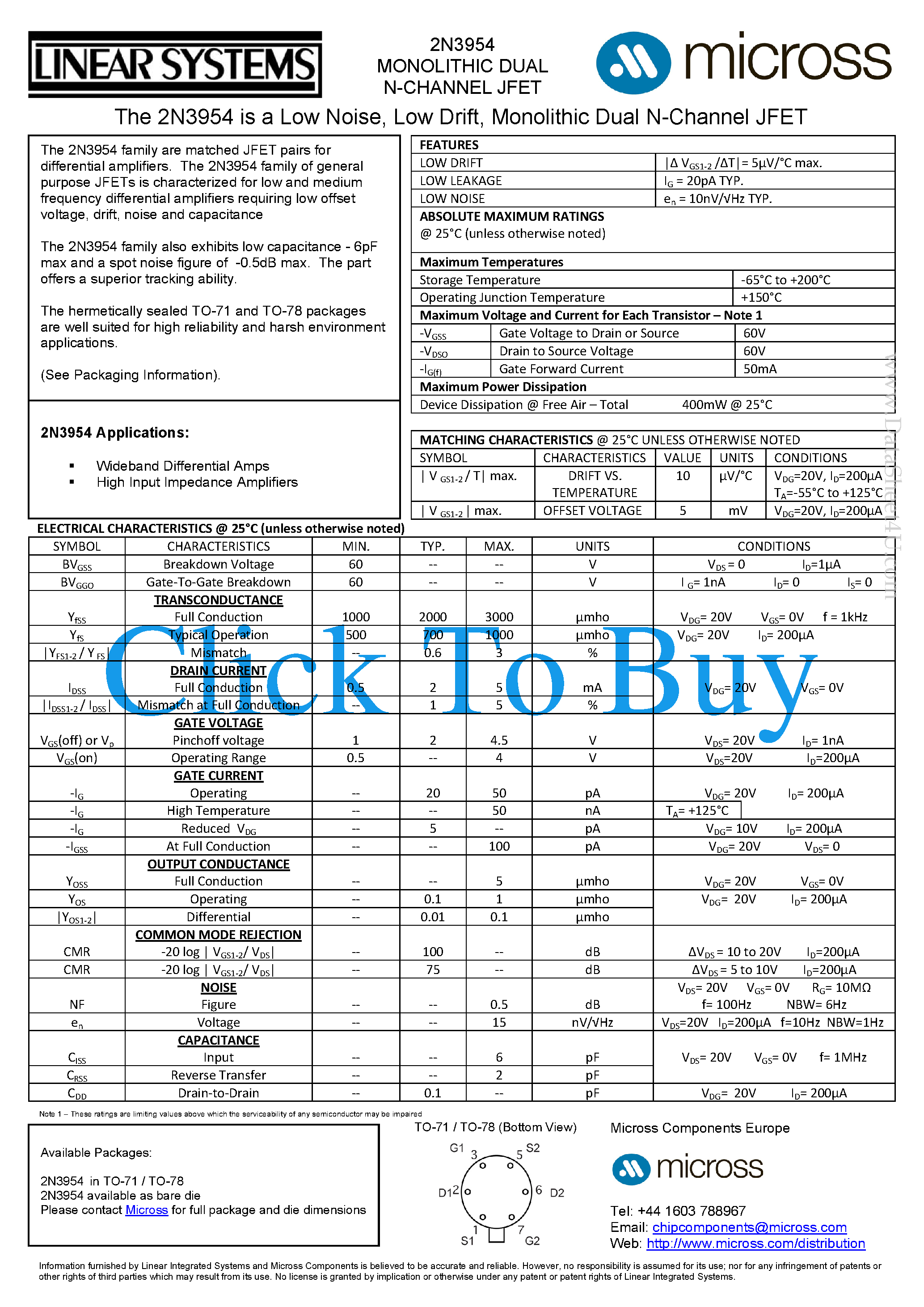 Даташит 2N3954 - Low Noise страница 1