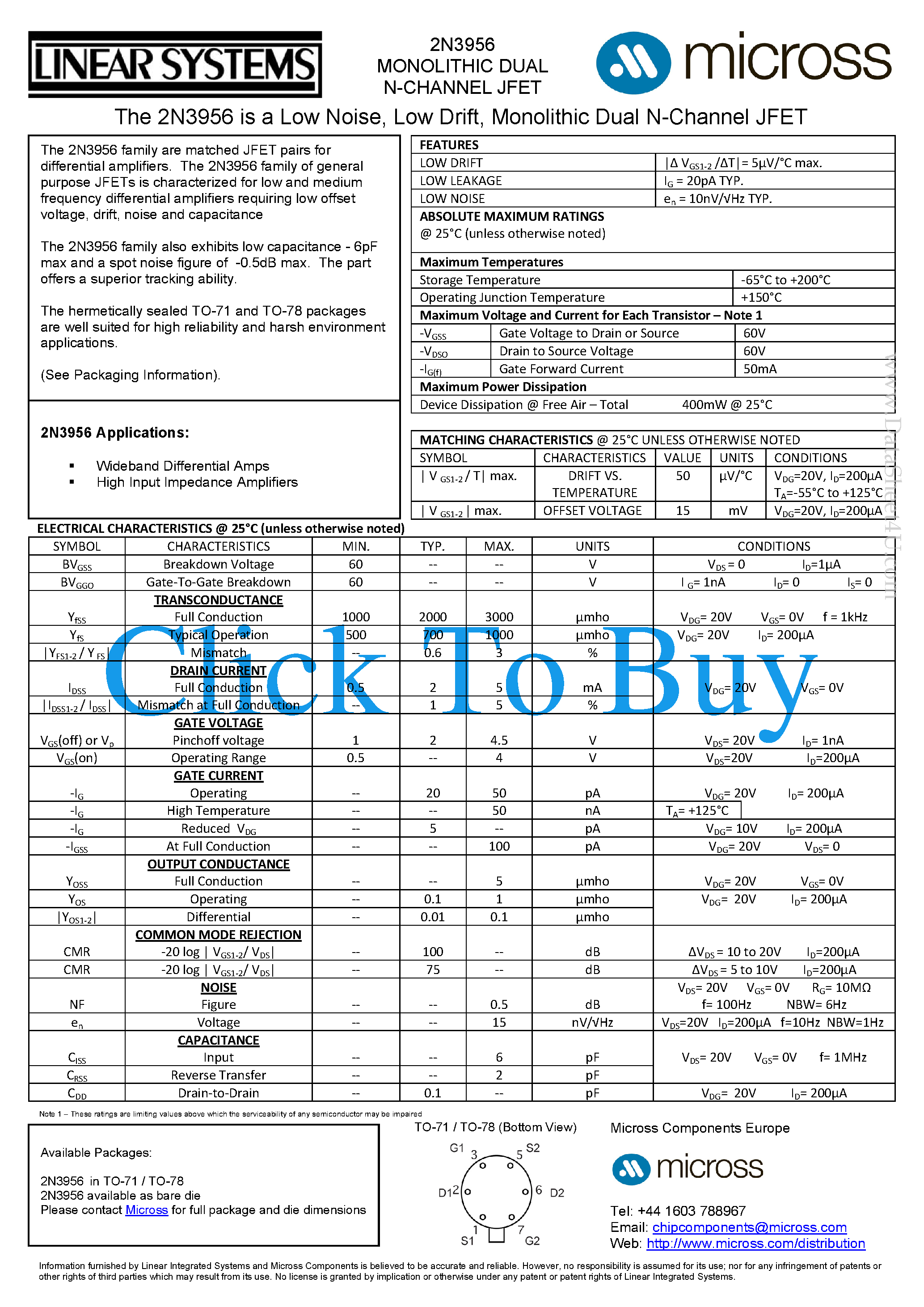 Даташит 2N3956 - Low Noise страница 1
