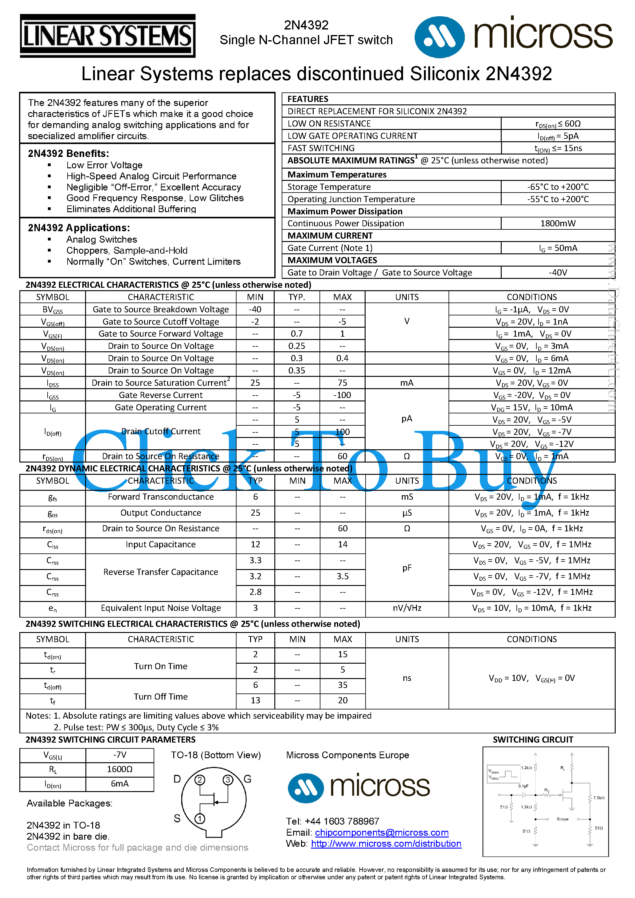 Даташит на микросхему 2N4392 страница 1 Даташит 2N4392 - Switching страница 1