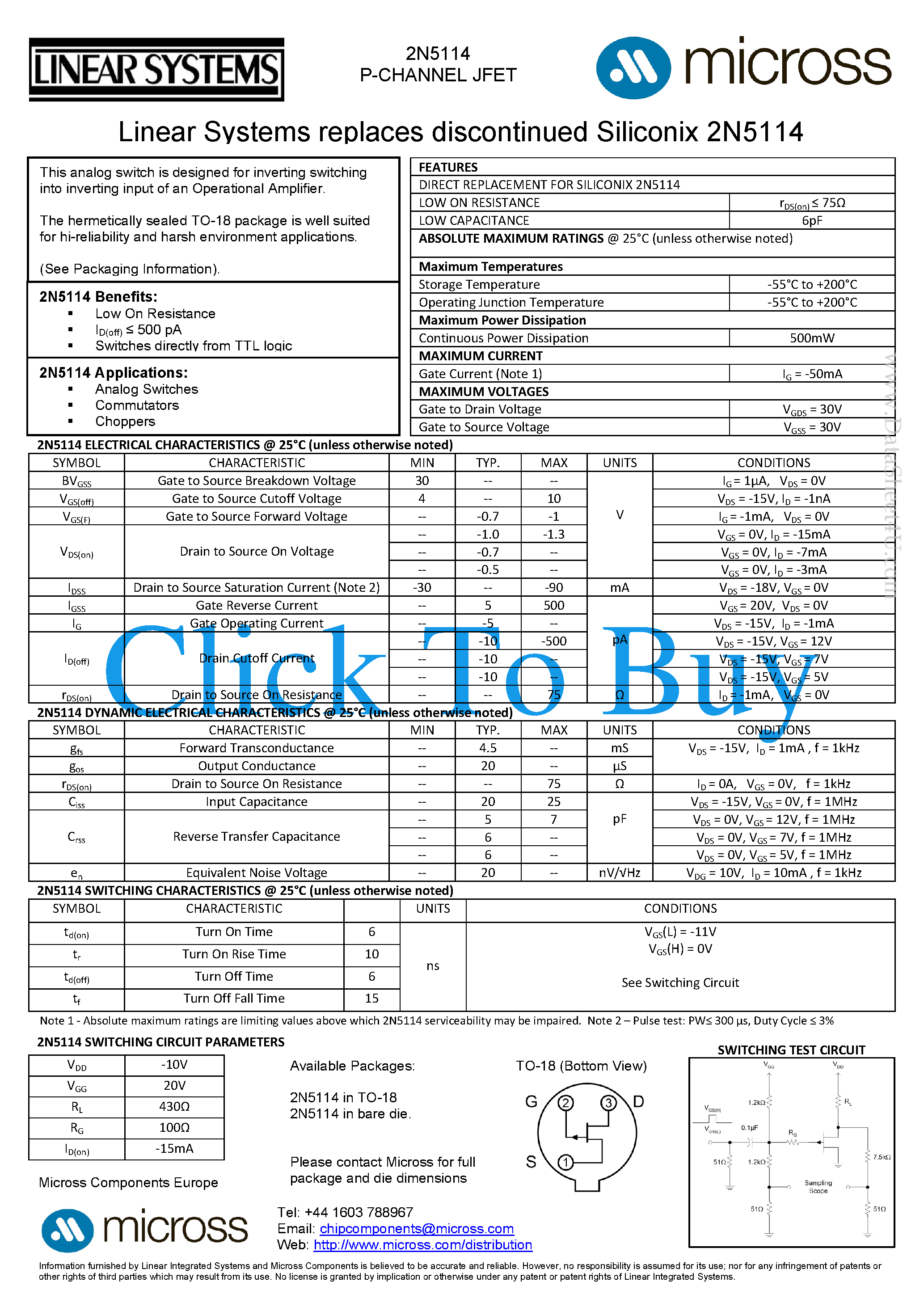 Даташит на микросхему 2N5114 страница 1 Даташит 2N5114 - Switching страница 1