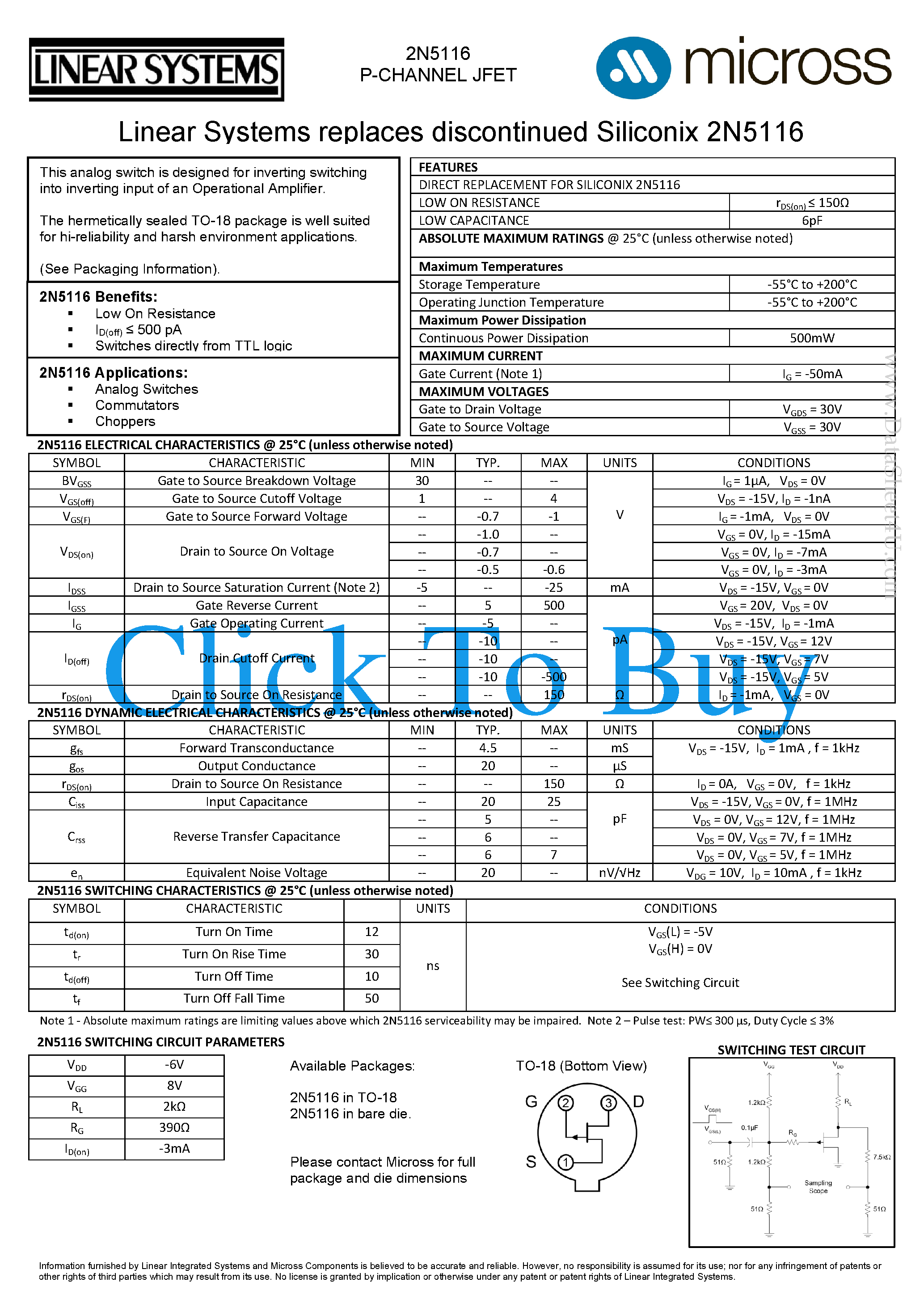 Даташит на микросхему 2N5116 страница 1 Даташит 2N5116 - Switching страница 1
