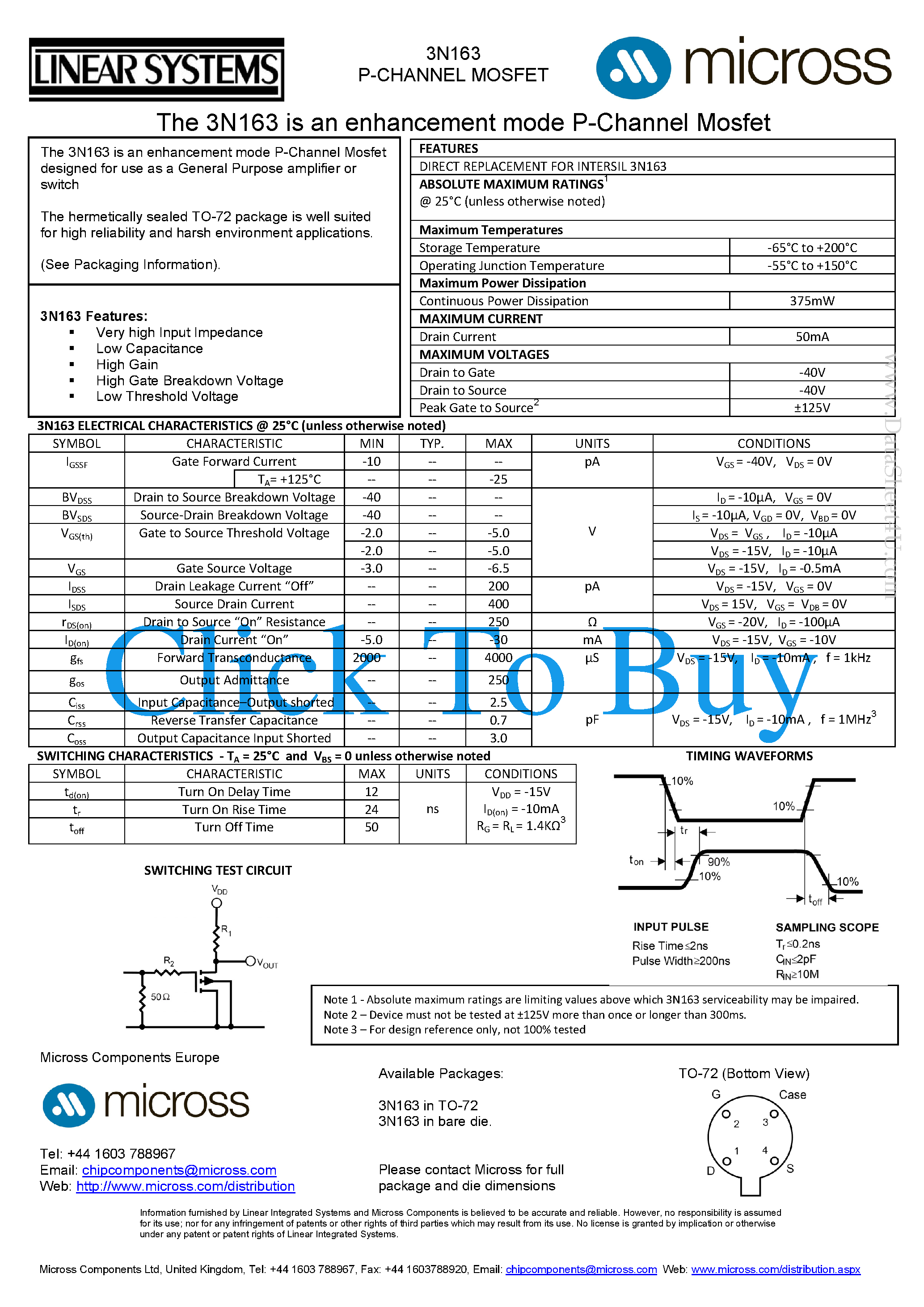 Даташит на микросхему 3N163 страница 1 Даташит 3N163 - High Speed Switch страница 1