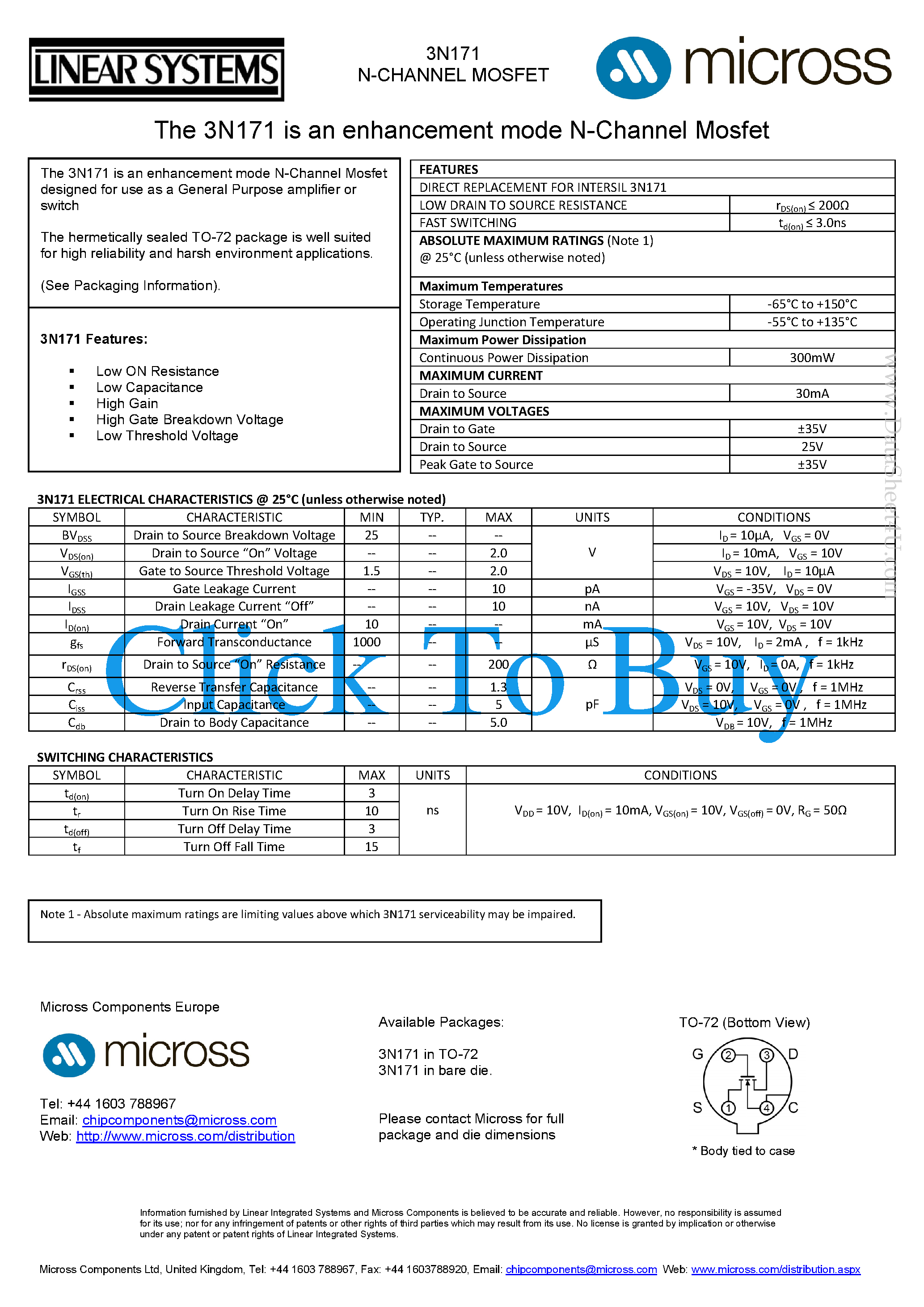 Даташит на микросхему 3N171 страница 1 Даташит 3N171 - High Speed Switch страница 1