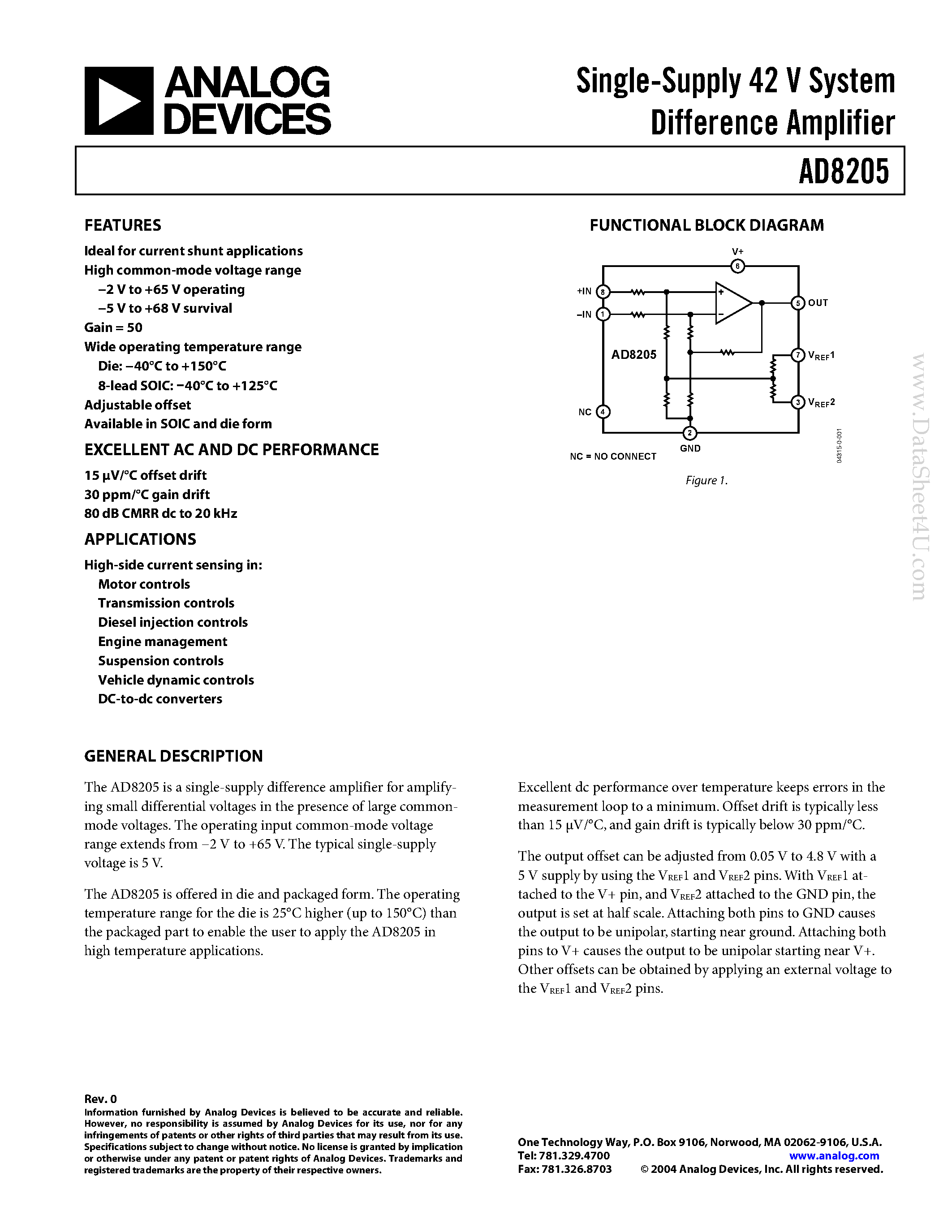Datasheet AD8205 - Single-Supply 42 V System Difference Amplifier page 1