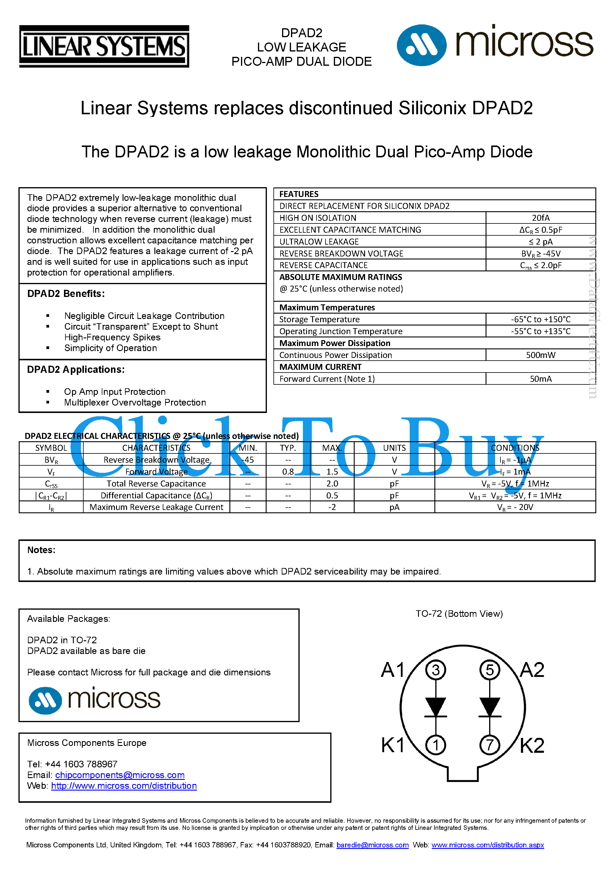 Даташит на микросхему DPAD2 страница 1 Даташит DPAD2 - Dual PicoAmp Diodes страница 1